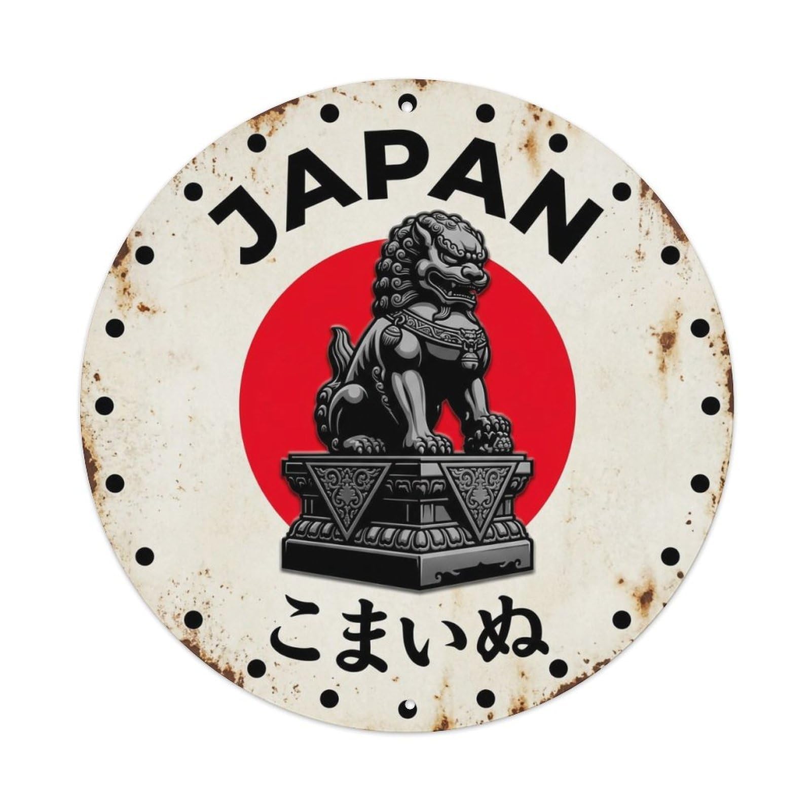 Guardian Dogs Pedestal Japan Sacred Statue Base Weathered Metal Tin Sign