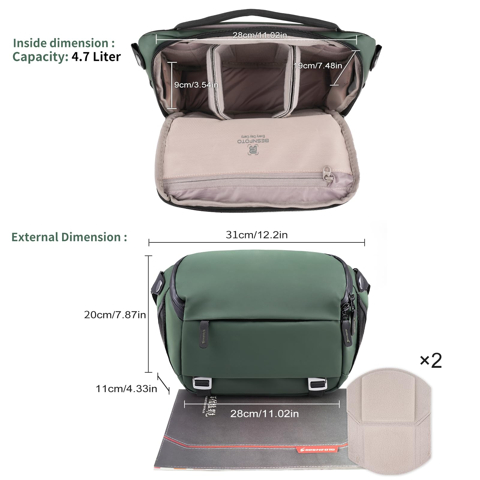 Besnfoto Torba na aparat torba na ramię mała wodoodporna torba na ramię crossbody pokrowiec na bezlusterkową lustrzankę cyfrową, zielona