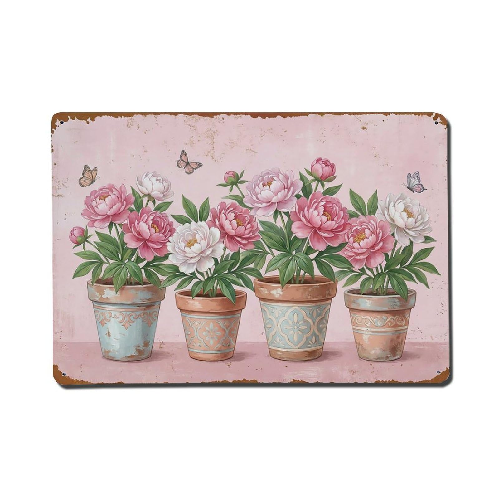 Vintage Rustic Flower Potted Plants Peony Metal Tin Sign