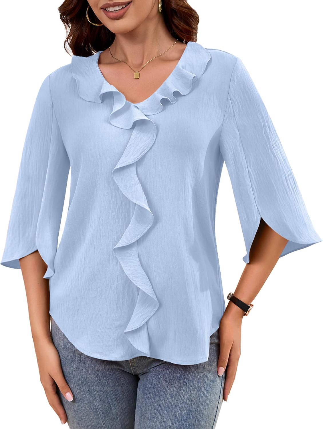 Neineiwu Womens Dressy Casual Blouse Trendy Ruffle V Neck 3/4 Sleeve Business Work Shirt Summer 2026 Office Tunic Tops