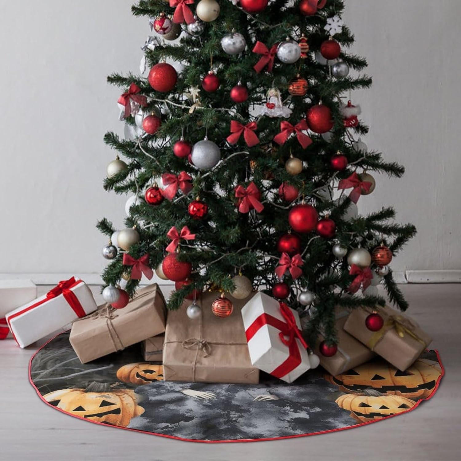 Christmas Tree Skirt,for Xmas Tree Holiday Party Decorations Halloween Witch Printed Christmas Tree Mat Red Lace-up Christmas Tree Dress