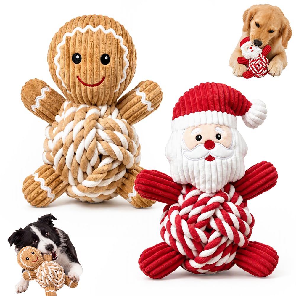 Christmas Dog Toys, Squeaky Plush Characters with Knotted Rope Body | Festive Character Designs, Built-in Squeaker, Knotted Rope Body, Soft Ribbed Plush, Machine Washable