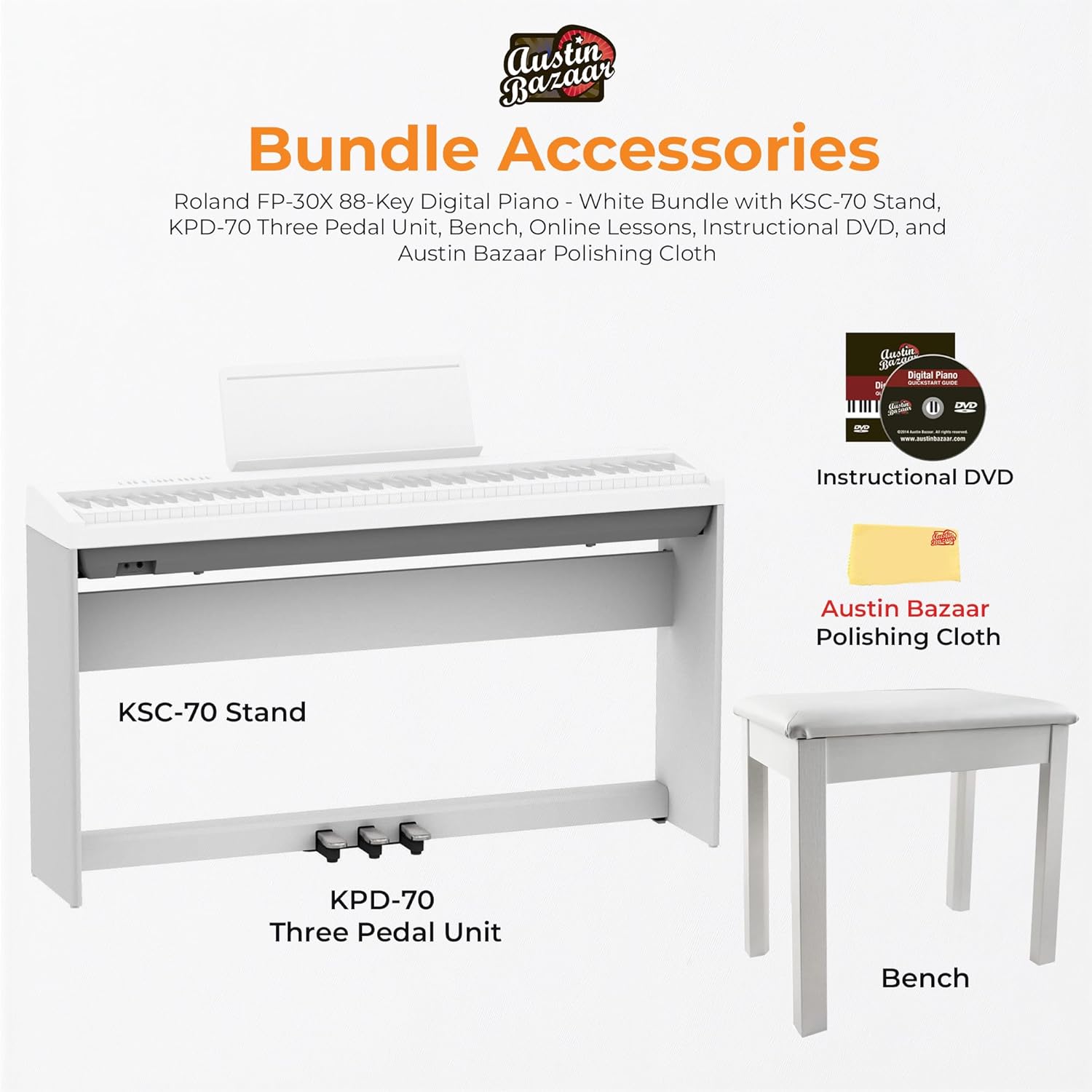 Graphic detailing Roland FP-30X bundle accessories