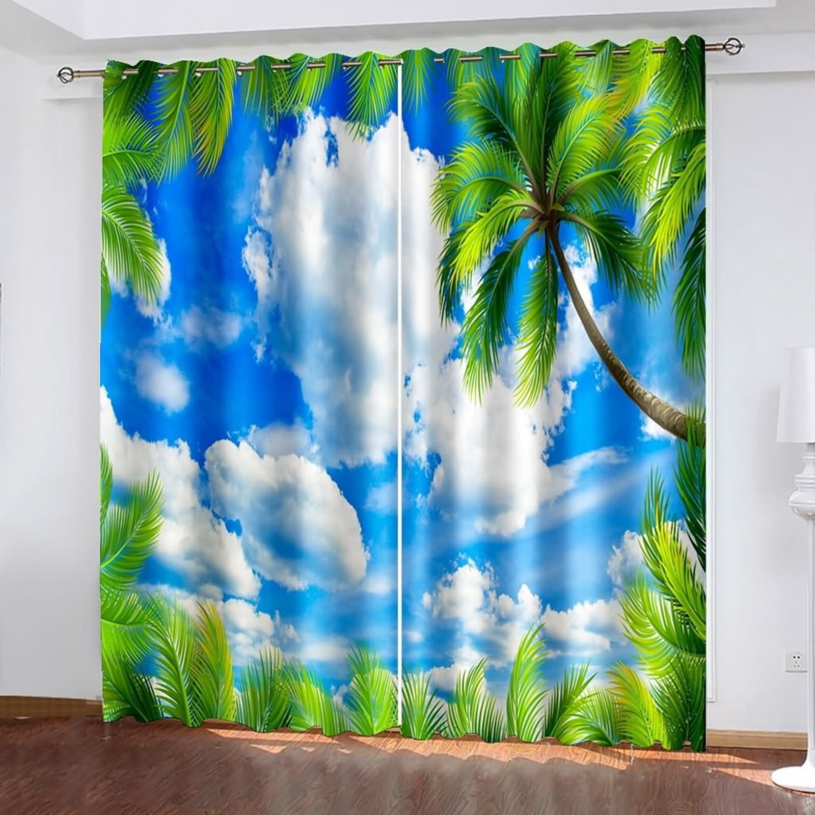 Kit de cortina de salón, cortina de salón, pequeña ventana, azul, verde, paisaje de palmeras y cielos y nubes, poliéster, juego de 2 468 x 214 cm