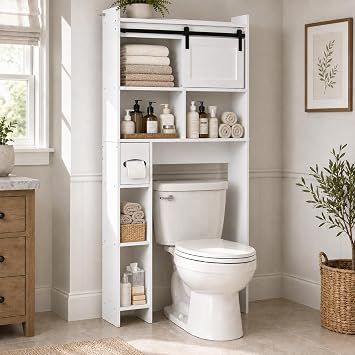kepptory Over the Toilet Cabinet with Sliding Barn Door,Classic White