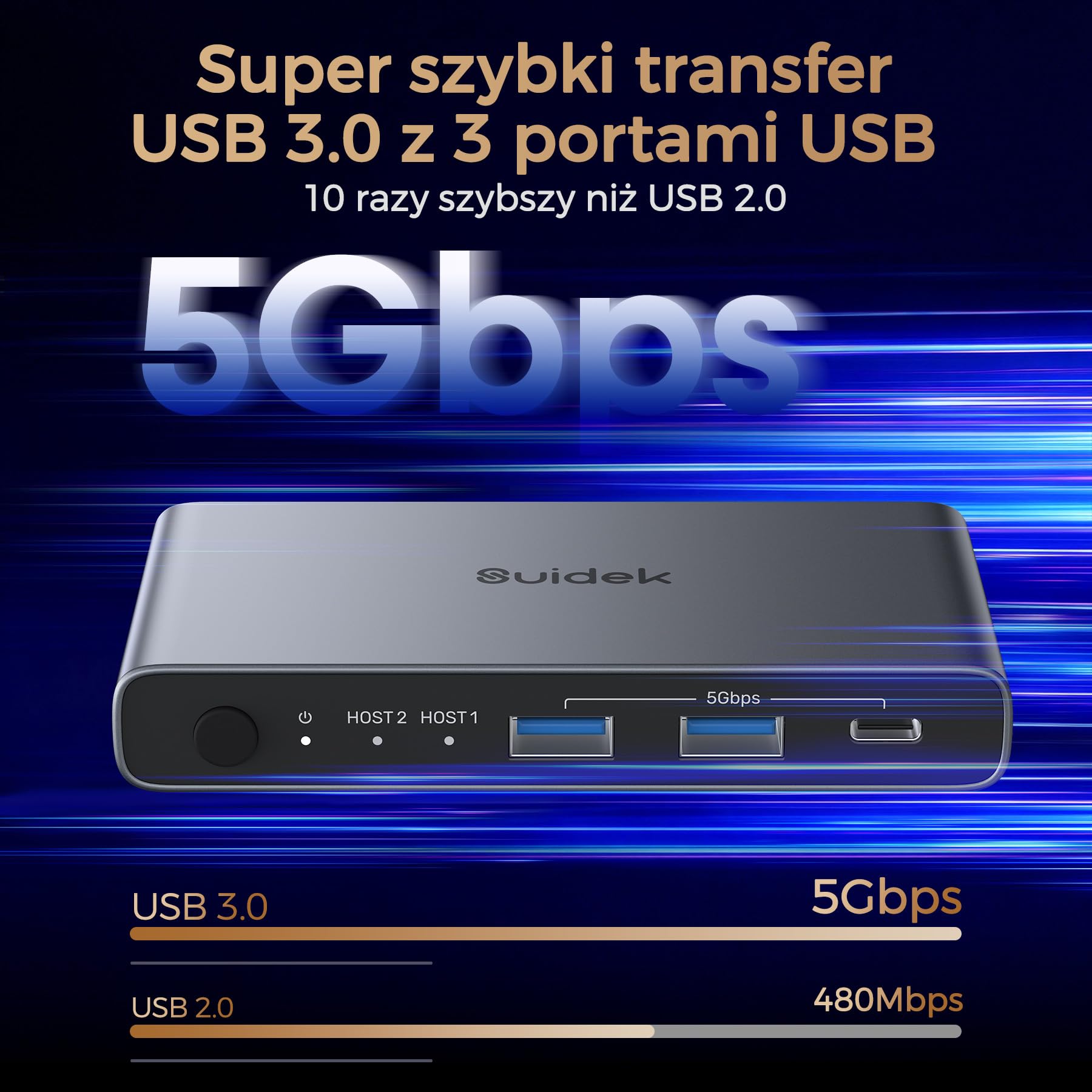 SUIDEK Przełącznik USB C KVM 2 w 1, wyjście 4K 60 Hz, aluminium z 3 portami USB 3.0, na 2 laptopy, 1 monitor, klawiaturę, mysz i drukarkę, z kablem USB/kontrolerem, obsługuje ładowanie do 100 W