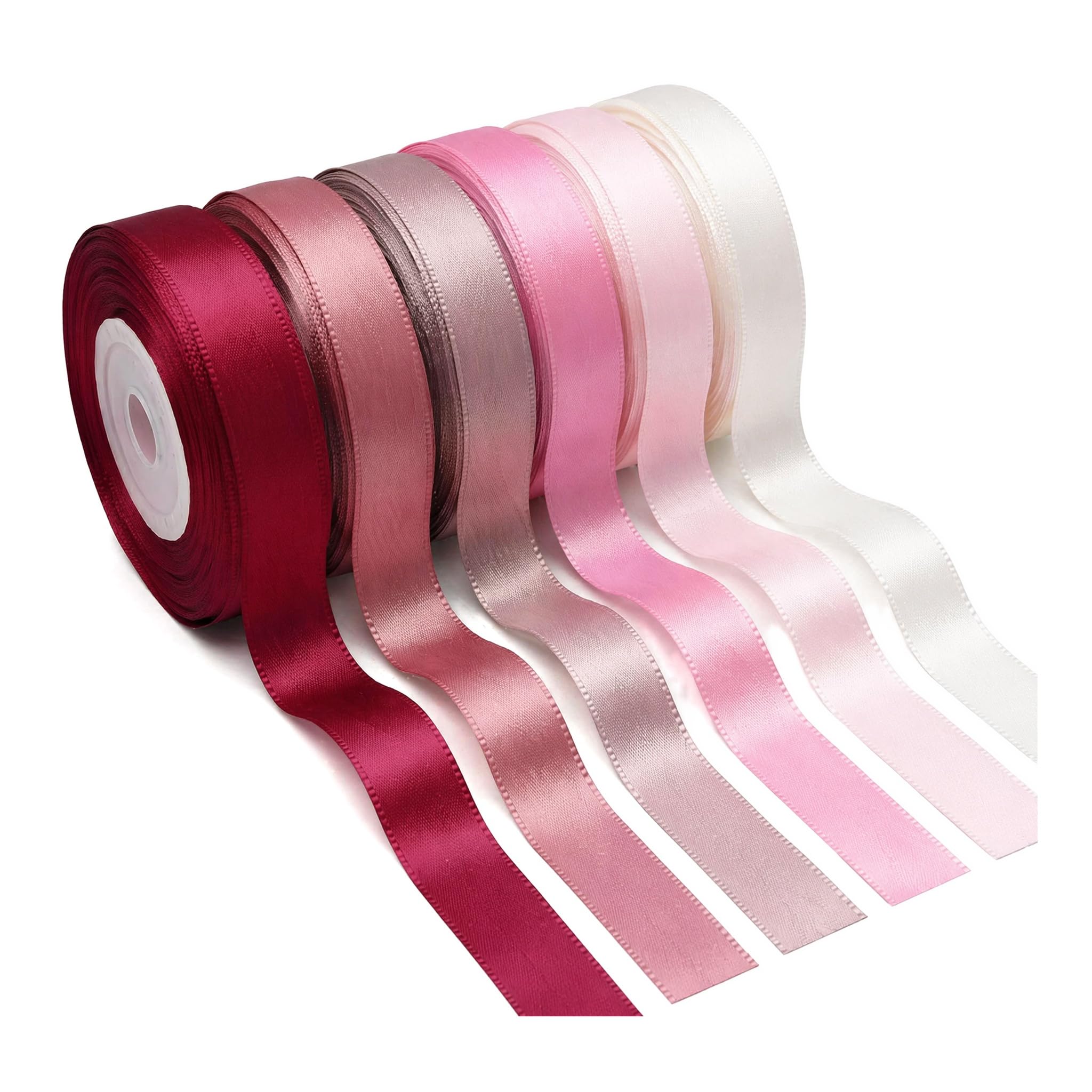 6 Rolls Pink Satin Ribbon, Double Faced Ribbon for Gift Wrapping