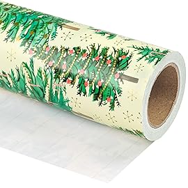 WRAPAHOLIC Christmas Wrapping Paper - Mini Roll - 17 Inch x 16.5 Feet - Gold Print Christmas Tree Wrapping Paper for Xmas Holiday, Party Celebration