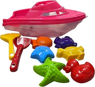 Beach Sand Toy Set with Boat, Shovel, and 8 Sea Animal Moulds, Colourful Plastic, summer toys, for boys and girls