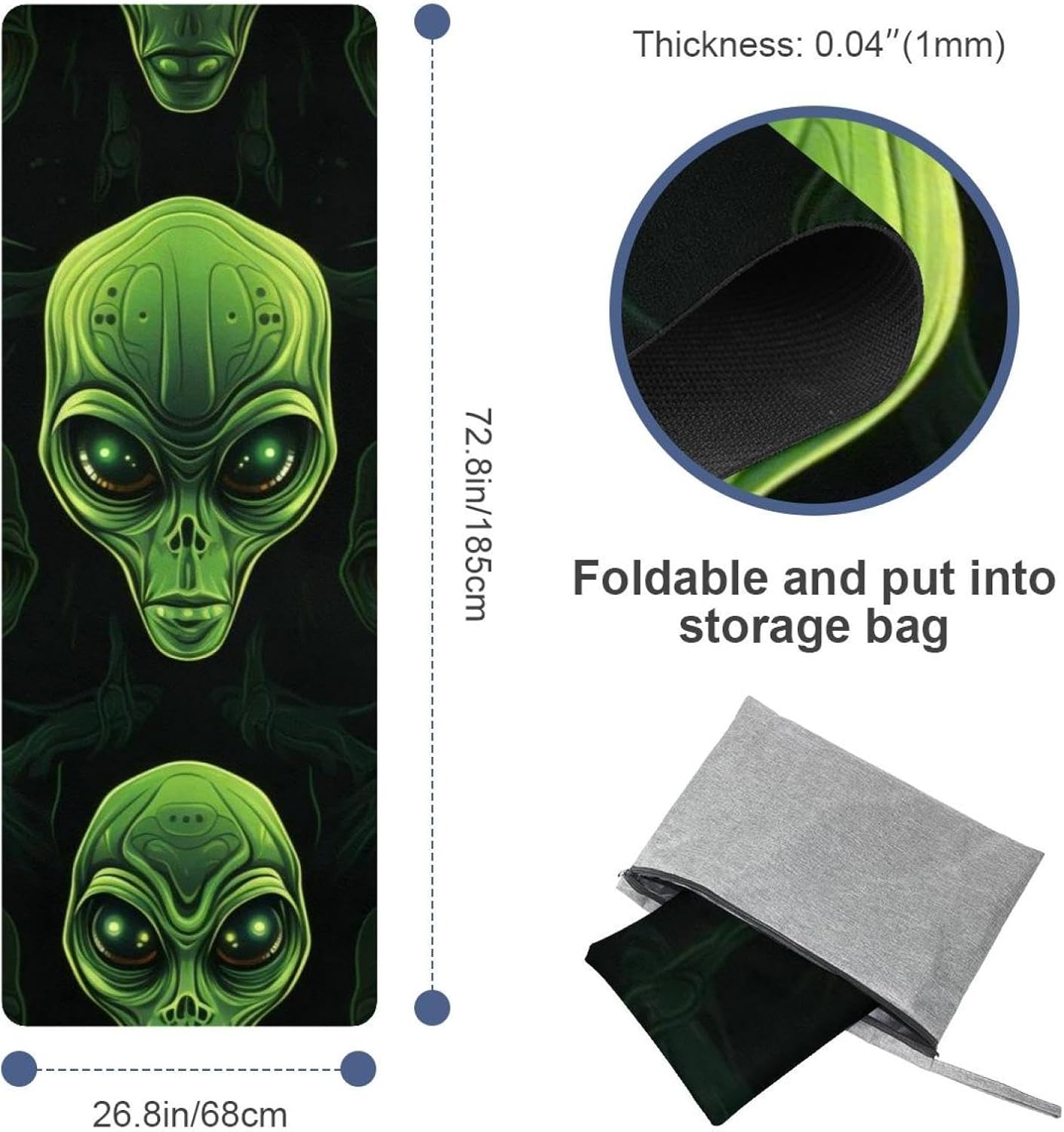 Yoga Towel, Outer Space Alien Pattern Non Slip Sweat Absorbent Hot Yoga Mat Towel for Hot Yoga, Pilates and Fitness - 72.8" x 26.8"