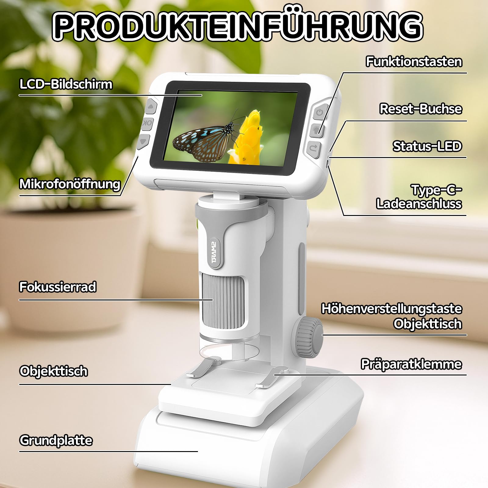 Charmofun Mikroskop für Kinder, Digitales Mikroskop mit 64GB Speicherkarte, Microscope for Kids mit 4 Zoll LCD-Display und 1600X Große Vergrößerung, Foto- und Videoaufnahme, Hand-und Stativfunktion