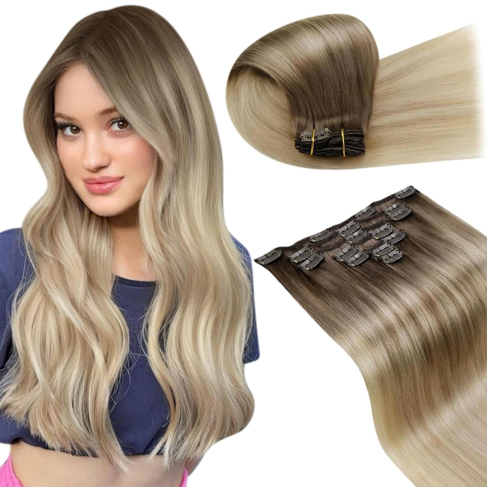 LaaVoo Clip in Extensions Echthaar Blond Balayage Echthaar Extensions Clip in Hellbraun Ombre Aschblond Platinblond Haarverlängerung Echthaar Clip #8/18/60 35cm 105g 7pcs