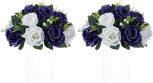 Miniatura 7 de NUPTIO Centros de flores artificiales para mesas, 2 bolas de rosas falsas de 9.5 pulgadas de diámetro, color azul marino y blanco, arreglo de rosas
