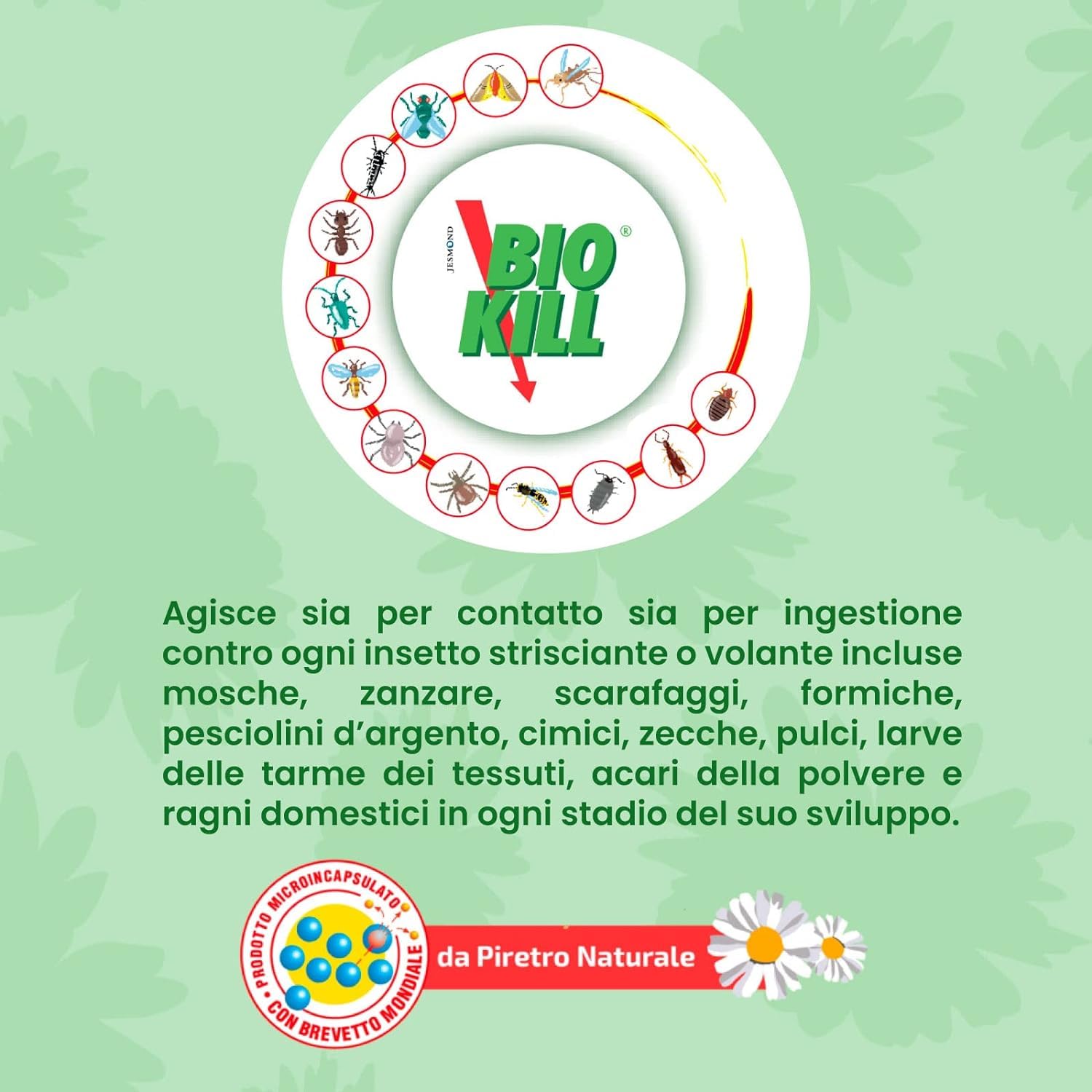 BIOKILL Insetticida Acaricida Microincapsulato No Gas, Ideale per Interni ed Esterni, Inodore e Non Macchia, Resiste a Umidità e Raggi Solari, 375ml + OMAGGIO 100pz Guanti HDPE Monouso (4 Flaconi)