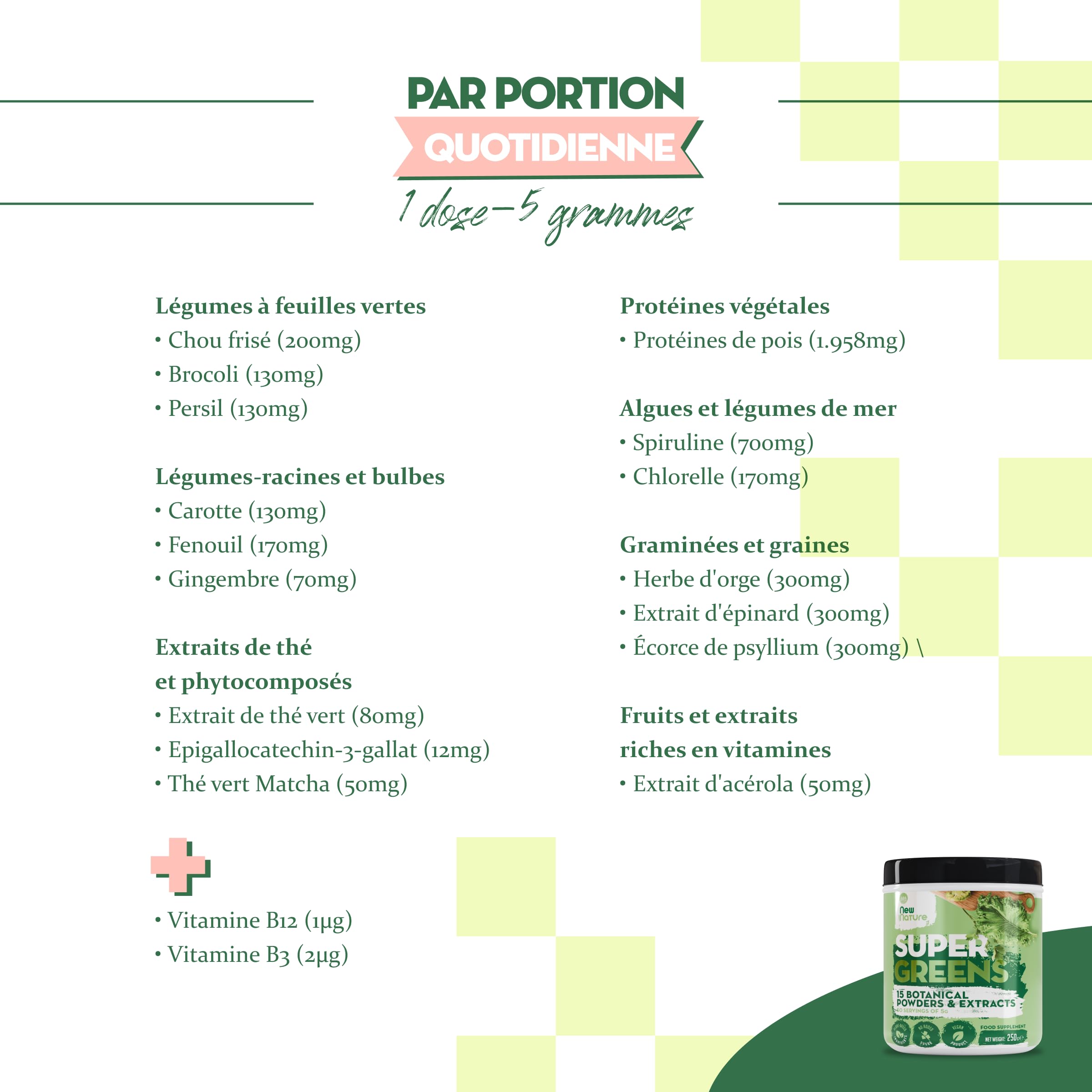 New Nature Super Greens Powder - Mélange de 15 Superaliments, Vegan, 250g | Super greens powder de 15 superaliments : spiruline, chlorelle, chou kale et matcha, plus vitamines D3 et B12 végétales.
