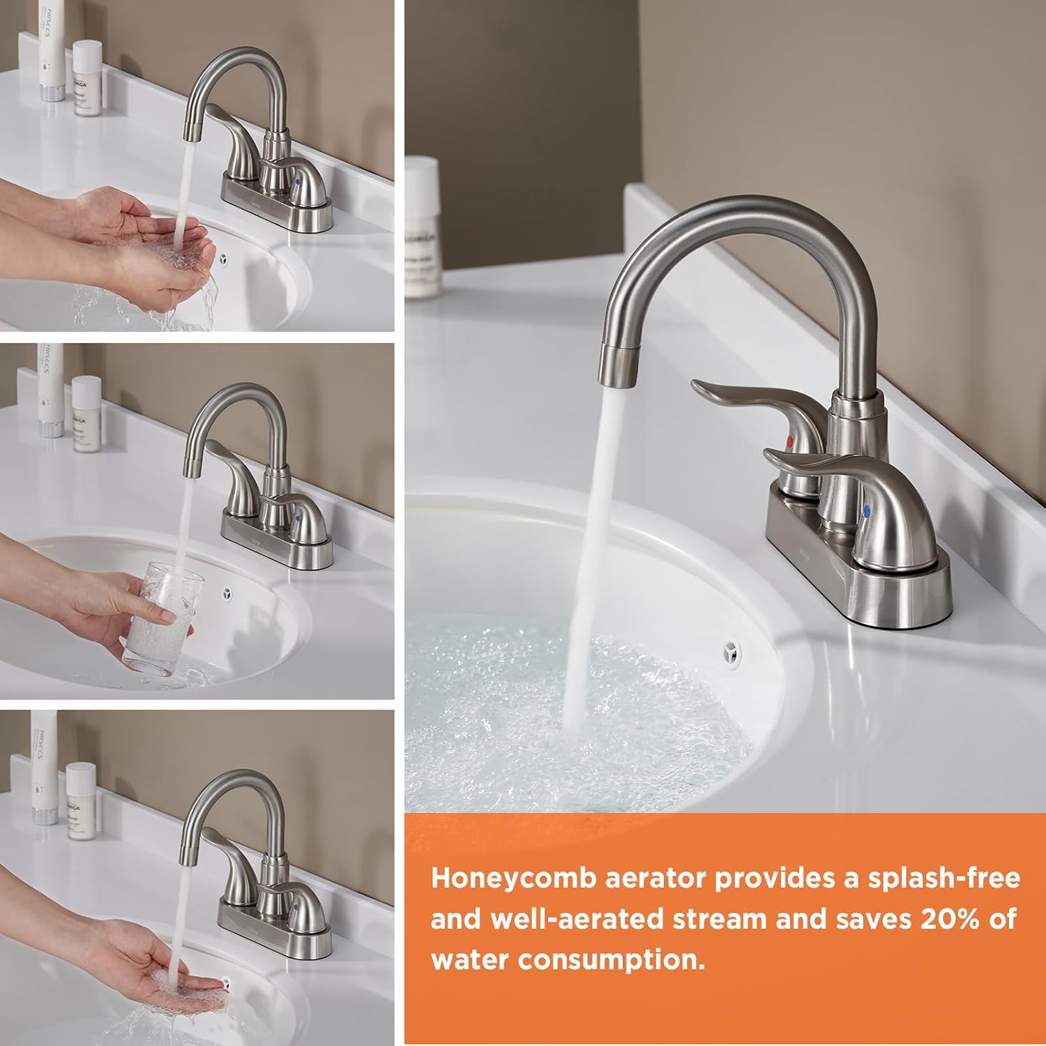 KPW Bathroom Sink Faucet 2 or 3 Hole Brushed Nickel Centerset 4 Inch Bathroom Sink Faucet 2 Handle Over ABS Non-Metallic Lavatory Bathroom Faucet with Pop up Drain Water Supply Hoses - Image 7