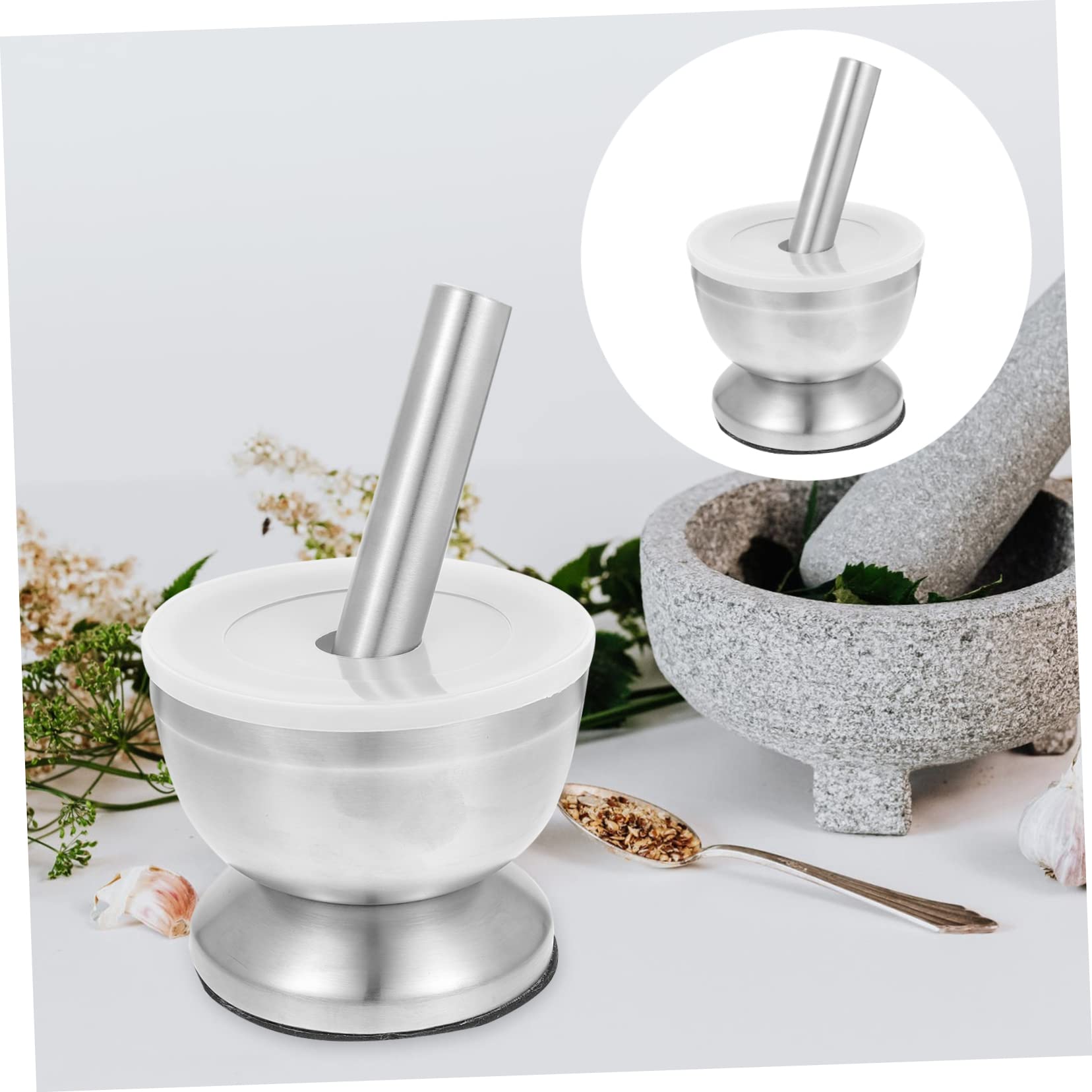 Machacador de Ajo de Acero Inoxidable Plata, 1 Juego | Base Estable para Evitar Derrames, Tritura Especias y Frutos Secos, Adecuado para Inauguración y Navidad