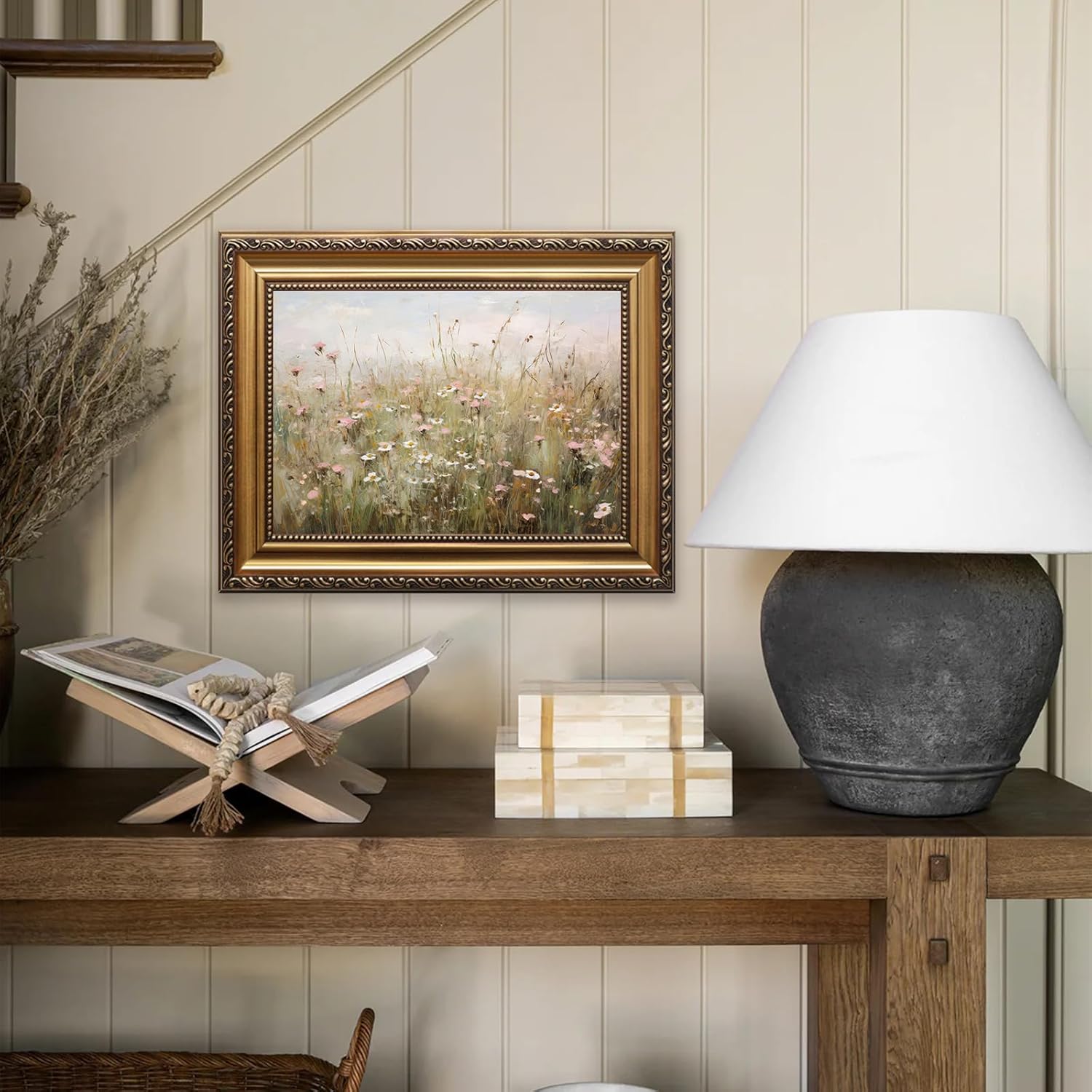 ASTRDECOR Vintage Gold Framed Canvas Wall Art, Farmhouse Wall Decor Wildflower Field Landscape Oil Painting, Neutral Pink Spring Scenery Pictures Wall Decor, Vintage Artwork for Wall - 12"x16"