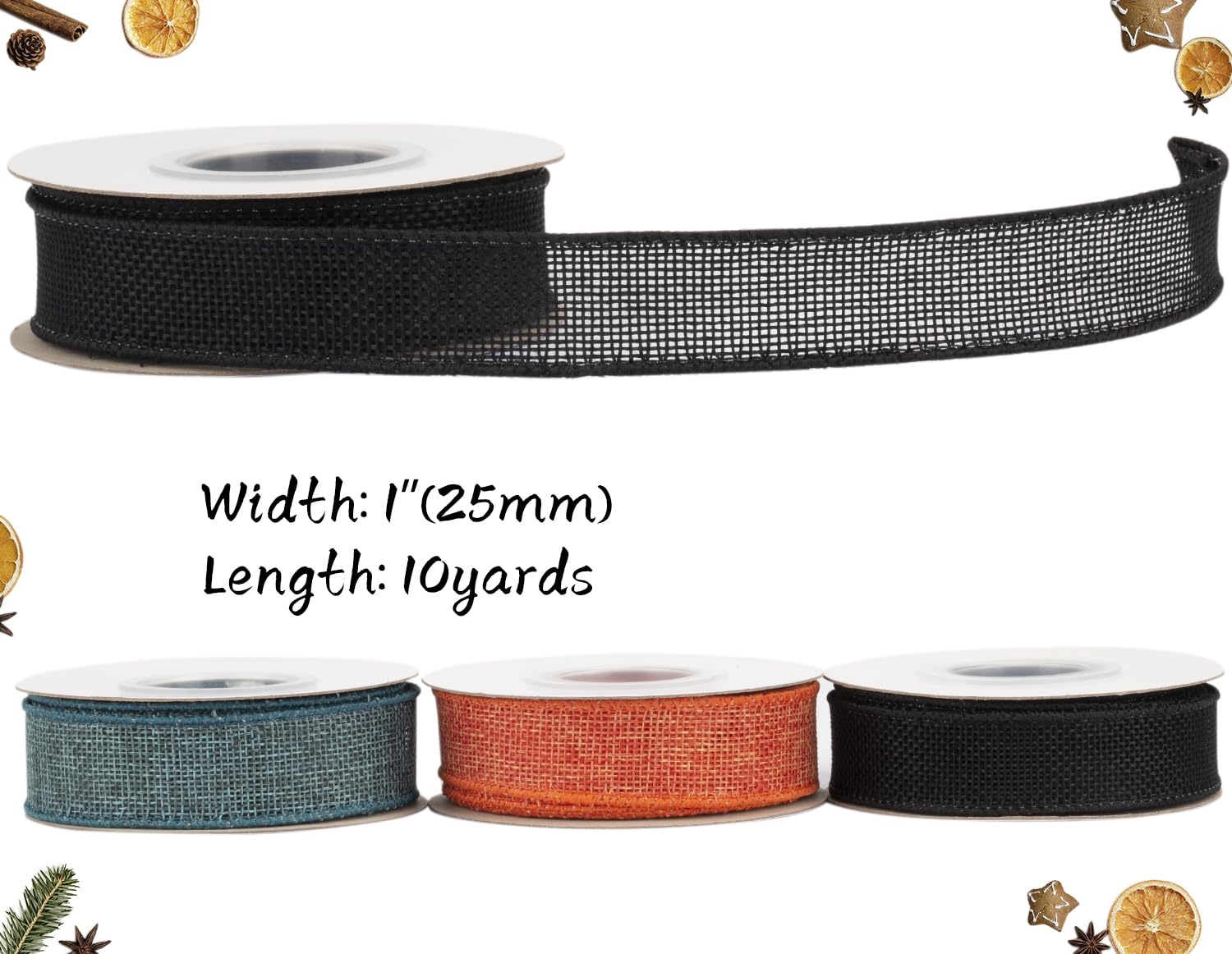 Tekdeere Burlap Ribbon 25mm x 9 Meters, Black Wired Ribbon for Crafts, Gift Wrapping, Wreaths, Bows, Tree Decoration and Outdoor Decoration - Image 2