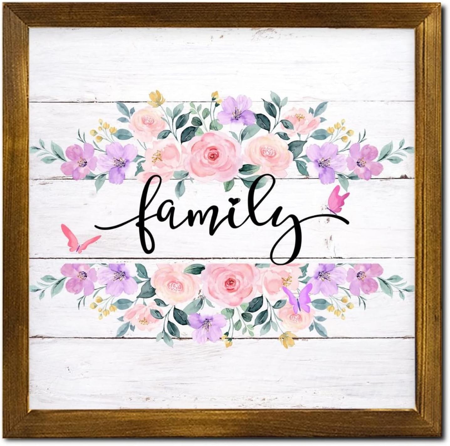Family Wood Framed Sign Spring Rose Flower Wreath Wall Decor Sign Farmhouse French Floral Home Wall Decoration for Home Kitchen Bar Room Garage Bedroom 12x12 inch