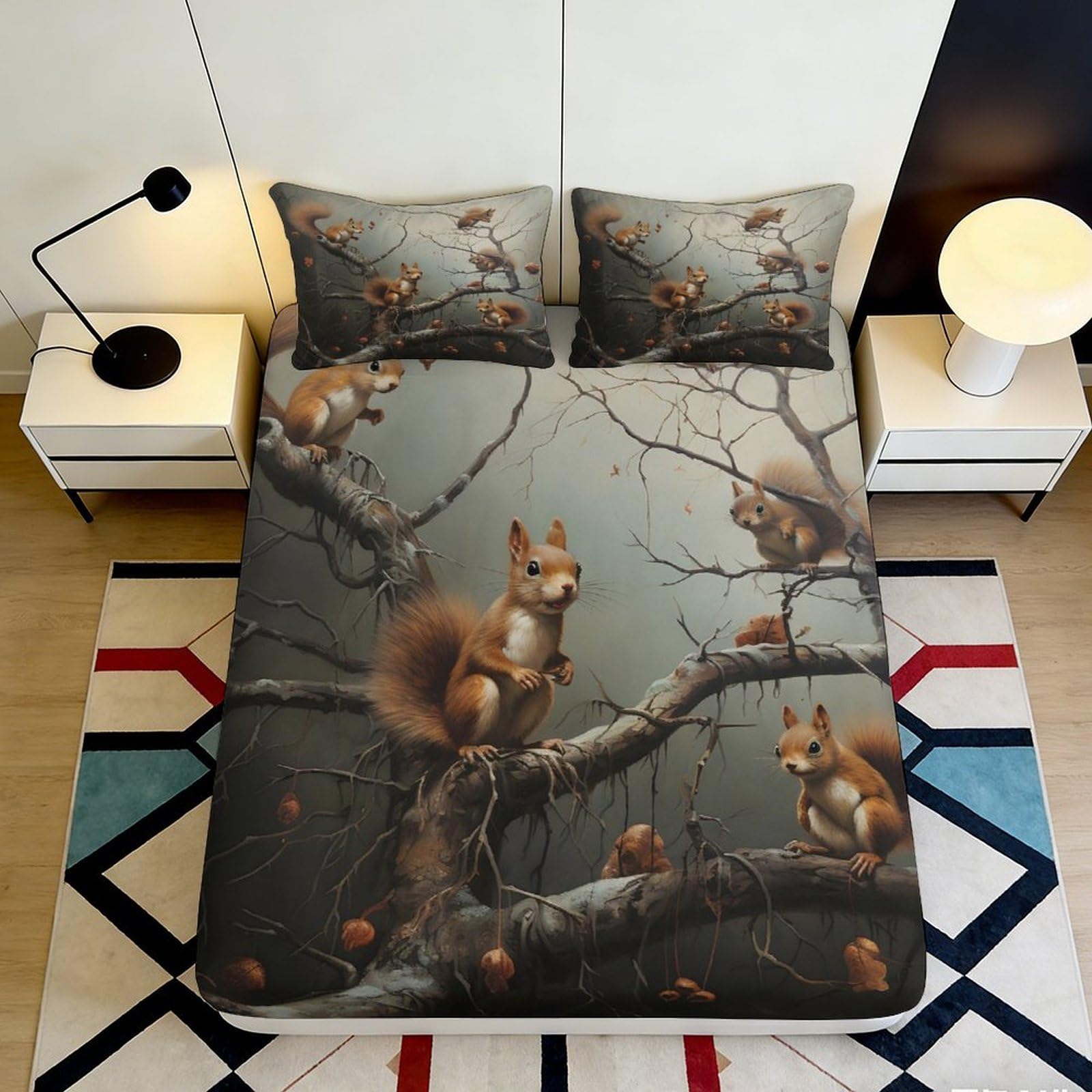 3D Printed Squirrel Forest Fitted Sheet Microfiber Soft Decorative Autumn Woodland Mattress Cover for Bedroom Guest Room 90x200x25cm