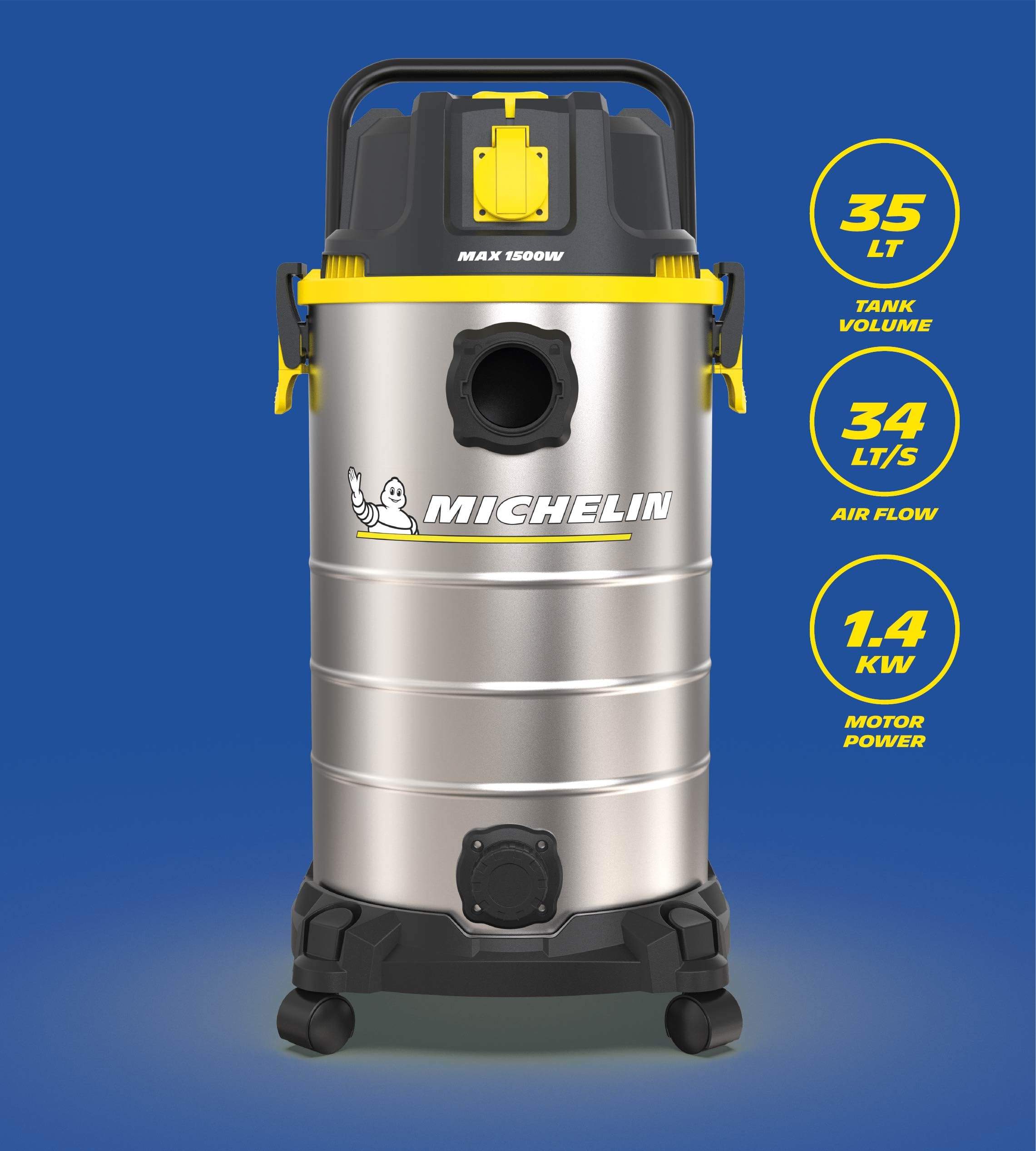 MICHELIN, Aspiratore Solidi e Liquidi, HP35 PRO, Serbatoio in Acciaio da 35 L con Manico Ergonomico, con Presa Elettroutensili, 1400 W, Completo di Accessori, Funzione di Soffiaggio, 21 kPa