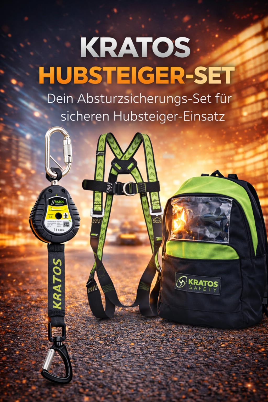 Kratos Safety Hubsteiger Sicherheitsset, Fallschutz-Set mit Gurt EN361, Höhensicherungsgerät, Rucksack, PSA