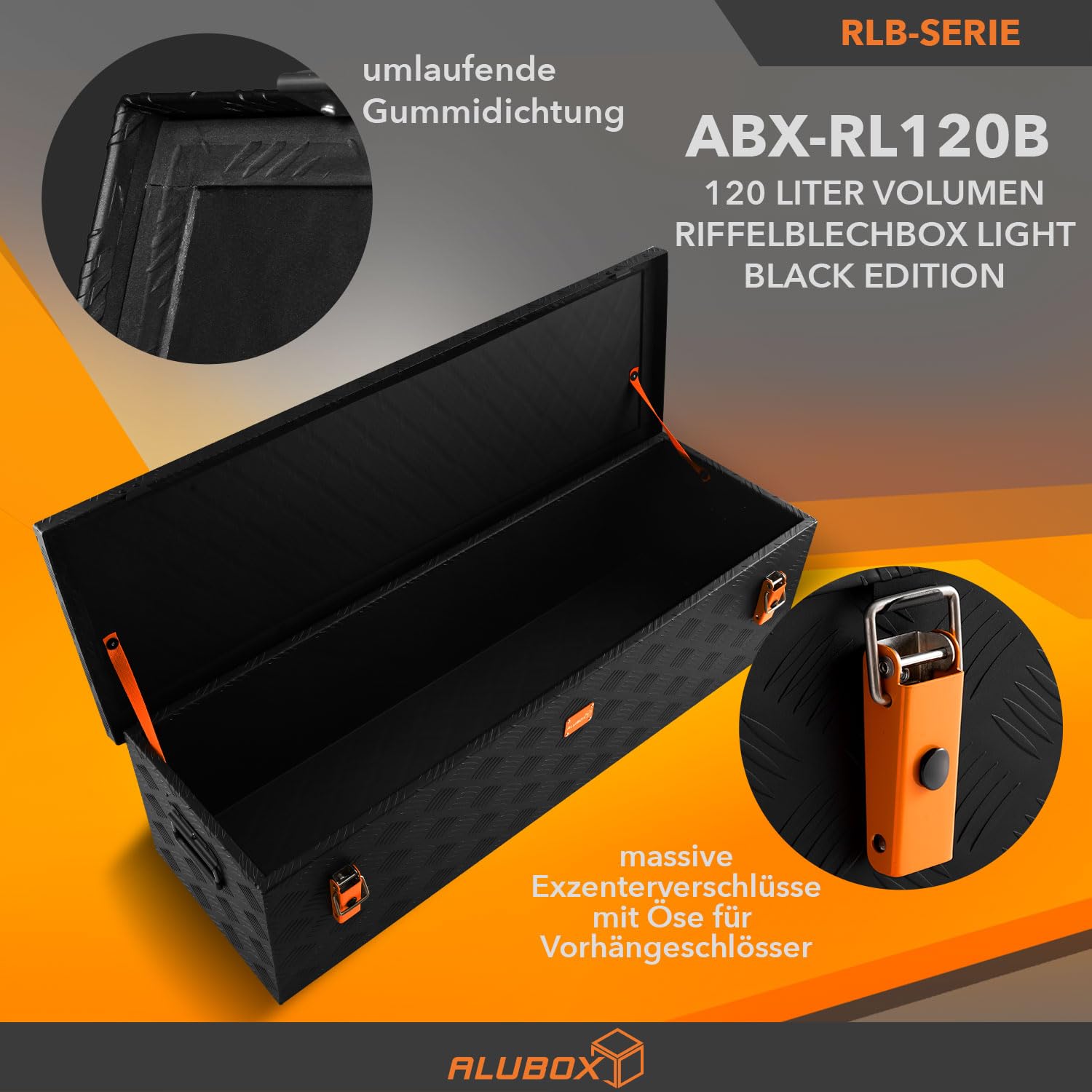alubox Werkzeugkiste Riffelblech ABX-RL120B Aluminium 1,5mm Werkzeugkiste leicht und robust 120 Liter - schwarz lackiert