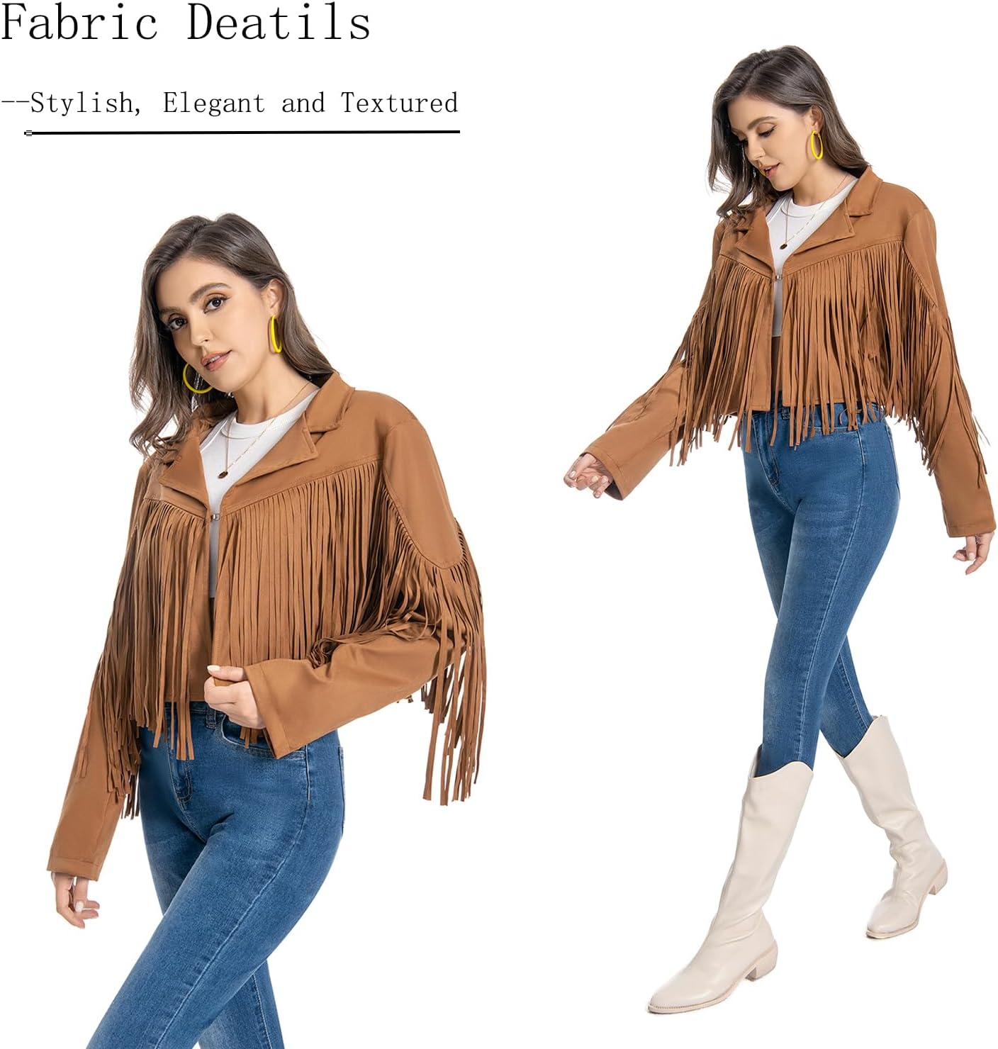 Fringe Jacket, Western Cowgirl Faux Suede Leather Jacket Tassel Crop Moto Top Country Concert Outfits for Women. - Image 3