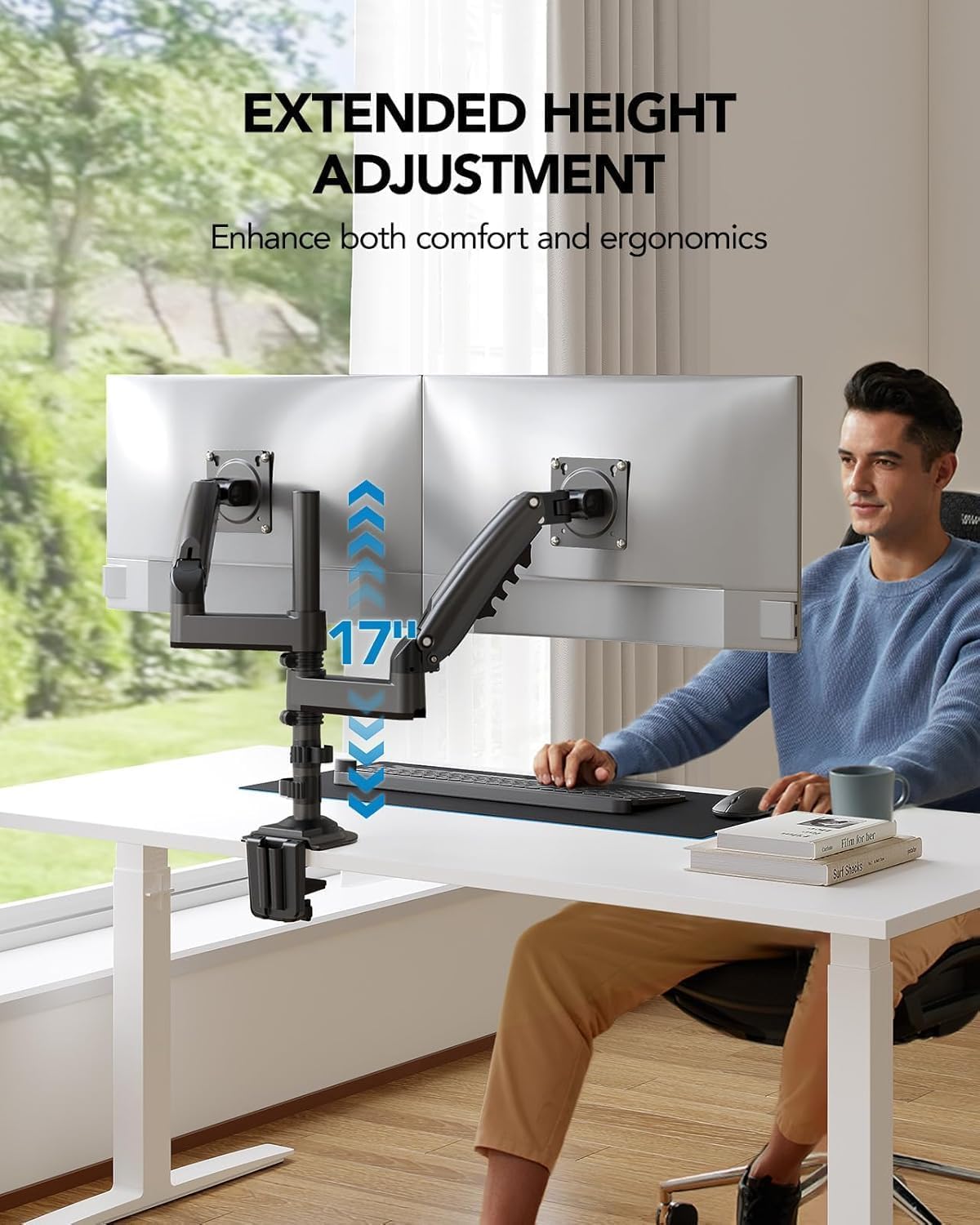 HUANUO 13”-32” Soporte de Monitor 2 Monitores, Pantalla Ergonómico Ajustable en Altura 2 Monitores, Inclinación,Giro,Peso máximo 9KG VESA 75/100
