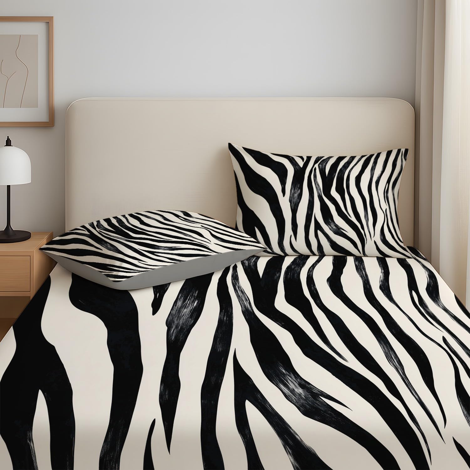 Minimalistisch Zebraprint Spannbetttuch Elegant Tiermuster Spannbettlaken 140 x 200 x 30 cm 3teilig Mikrofaser Bettwäsche Set mit 2 Kissenbezüge 80 x 80 cm Kein Flachbettlaken