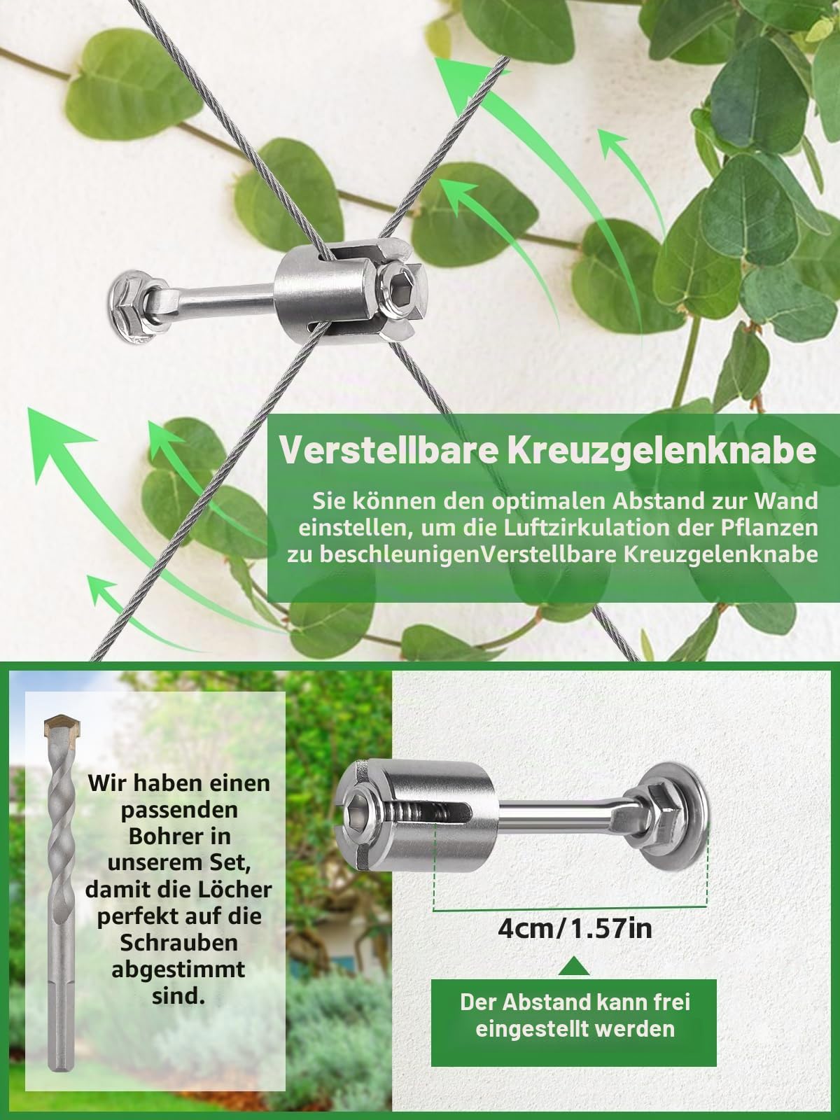 150 Fuß Rankhilfe aus Edelstahl für Kletterpflanzen, Kalolary T316 Edelstahl Drahtgitter Set für Hohe Belastbarkeit Wandmontiertes Kletterkabel Ranksystem Set für Blumen und Gemüse