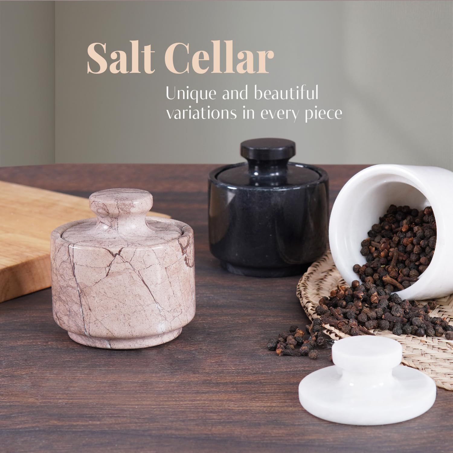 MARBLOUS KRAFTS stylish marble sugar dispenser 3" X 3" salt cellar, single salt container with lid (Marinara), MK-SCS-01 - Image 3