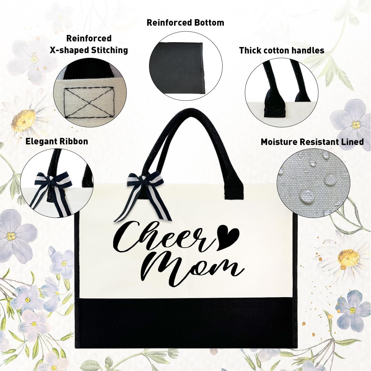 Cheer Mom Tote Bag, Mom Gifts from Daughter Son, Cheerleading Gifts for Women, Mothers Day Gift, Black and White, 17 x 13 7.5 inches - Image 4