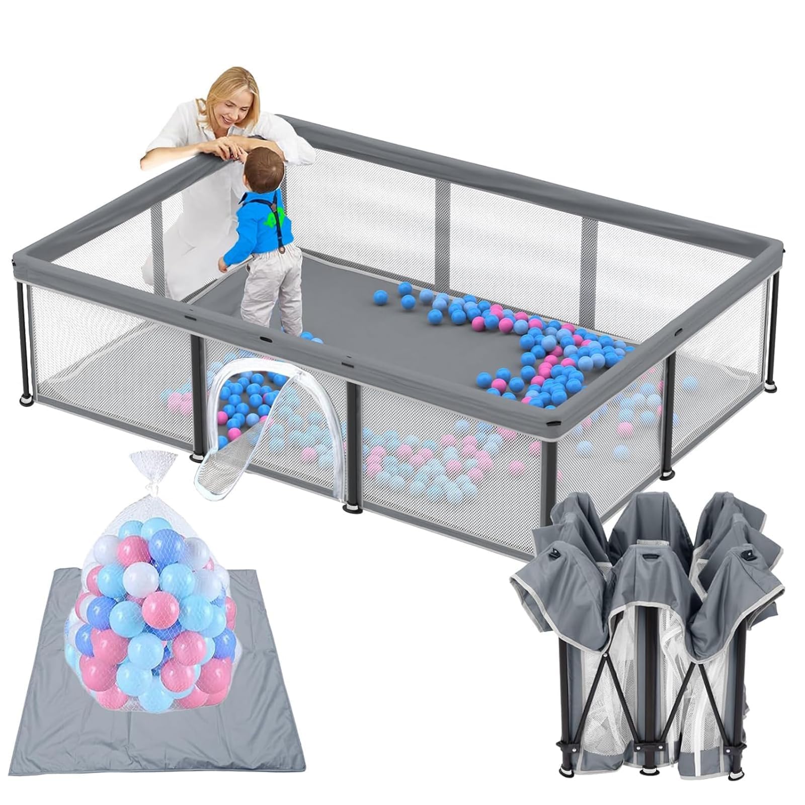 Parc pour bébé pliable avec matelas (180 x 127 cm) | Design pliable innovant, filet respirant avec vision à 360°, fermeture éclair extérieure, Oxford 300D, sac de transport