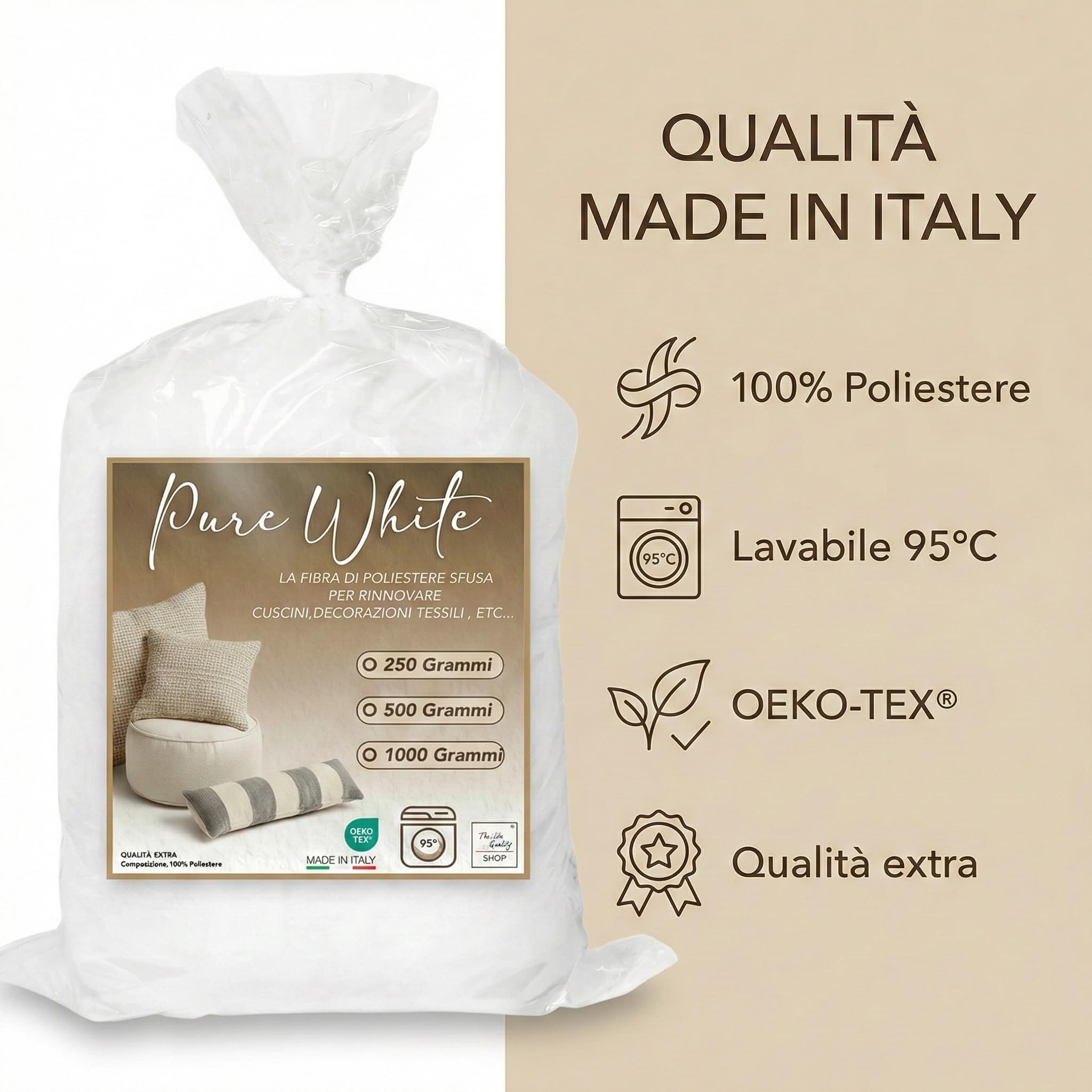 Tex family Ovatta Fioccata Imbottitura Cuscini - Anallergica Antiacaro - Lavabile 95° - Made in Italy | Poliestere 1000 Grammi
