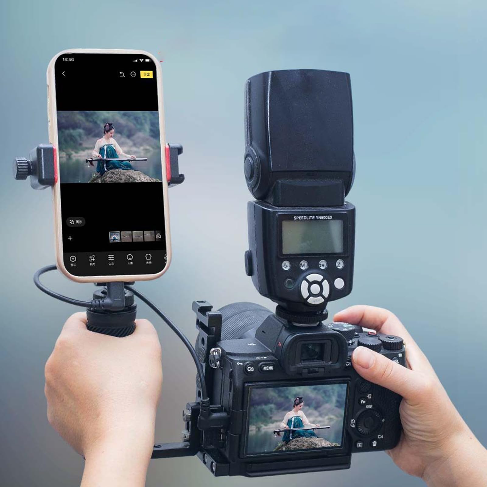 Gabbia per fotocamera regolabile e robusta con due maniglie, piastra a sgancio rapido per la creazione di contenuti e il trasferimento di miscele