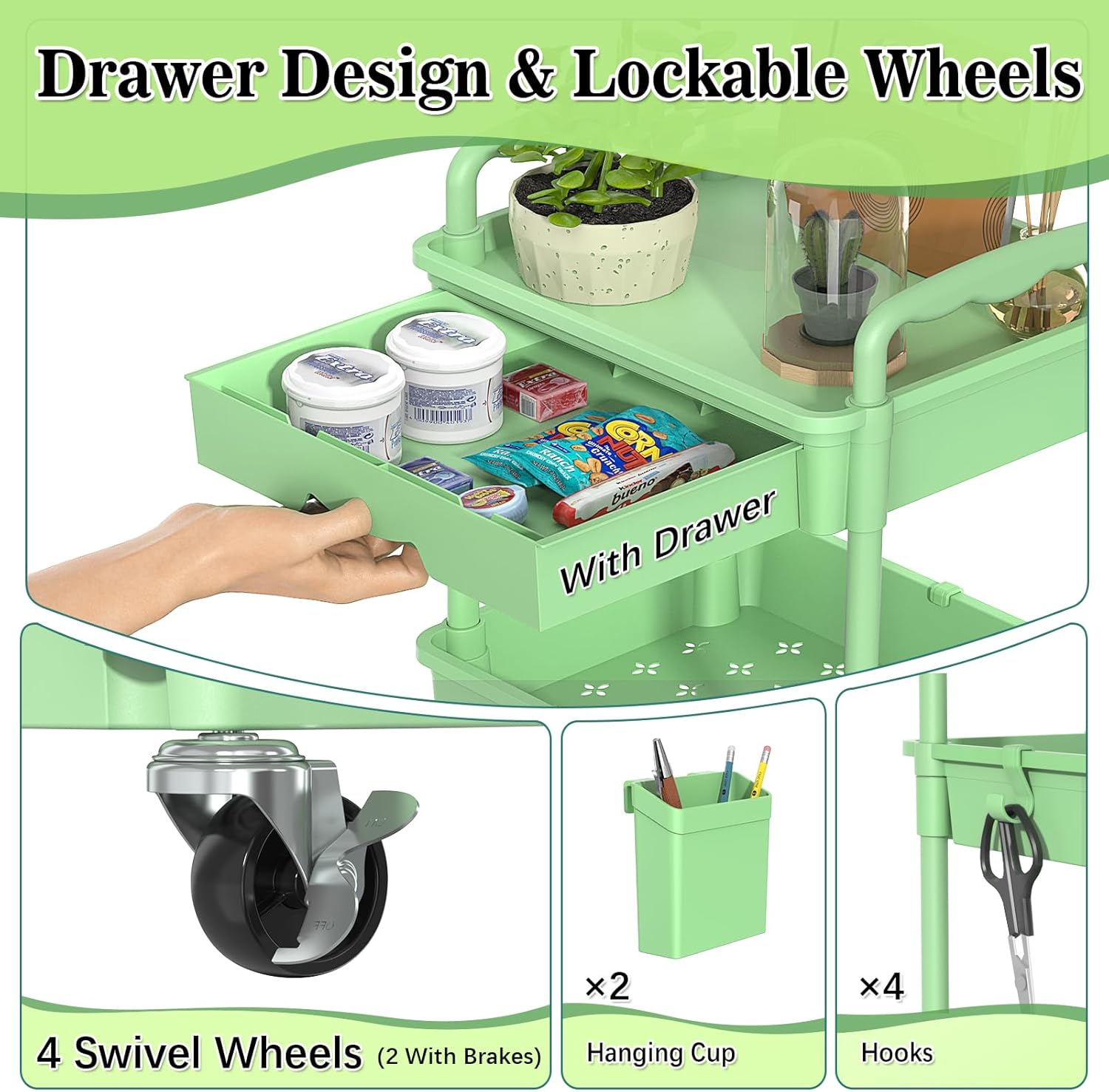 4 Tier Rolling Utility Cart with Drawer, Storage Organizer Cart with 2 Lockable Wheels, Multifunctional Rolling Storage Cart for Bathroom, Kitchen, Craft, Makeup, Baby Essentials, Green