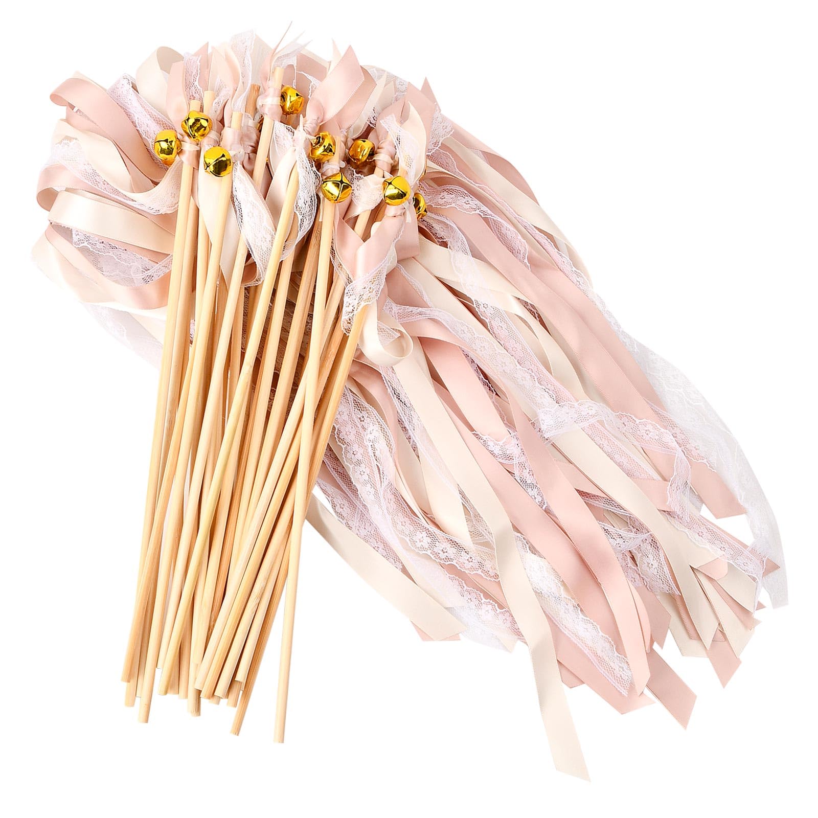 30 Piezas Varitas de Cinta, Serpentinas de Palos de Cintas de Boda con Campanas, Colores Palitos de Cinta, Varitas de Hada de Encaje para Decoracion de Fiestas Cumpleaños (Cinta champán+ Encaje)