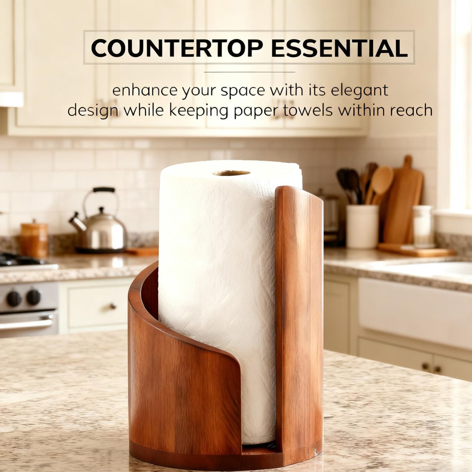 Portarrollos de cocina de madera de pie, portarrollos de papel para cocina, mesa de comedor y decoración del hogar, base redonda y soporte de hierro, fácil de arrancar con una mano para rollos jumbo y