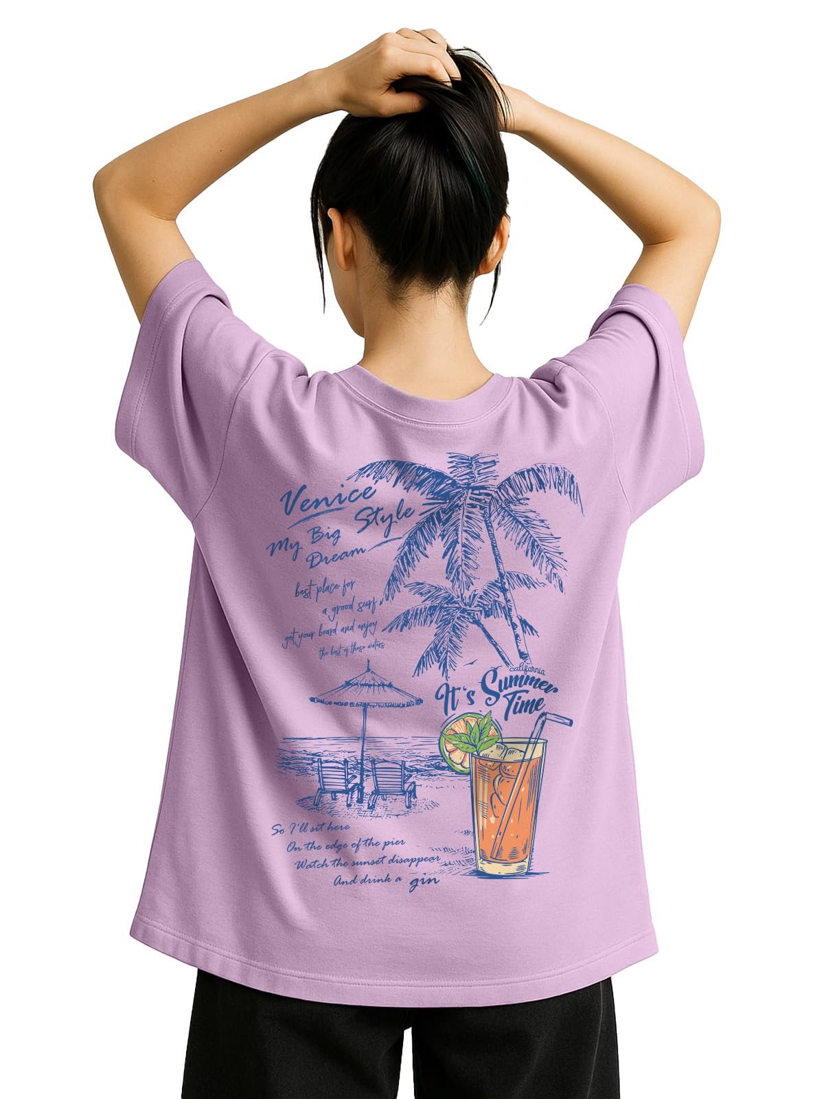juneberry Pure Cotton Oversized Baggy Fit Round Neck Drop Shoulder Swan White Back Graphic Printed T-Shirt for Women/Girls-picture-52