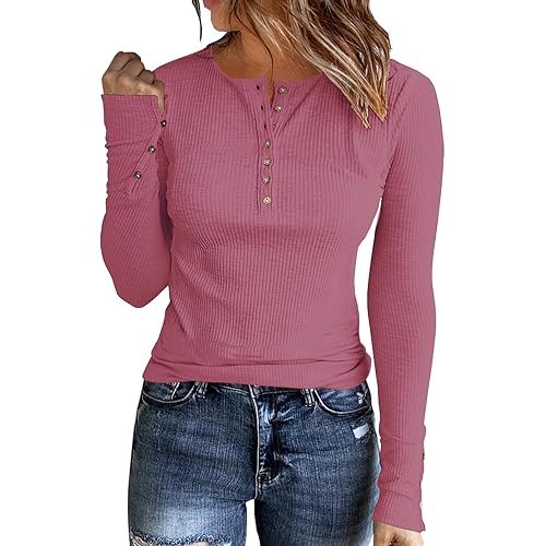 Womens Long Sleeves Ribbed Knit Tunic Shirts Scoop Neck Button Down Tops Casual Henley Tee Shirt Slim Fit Blouses