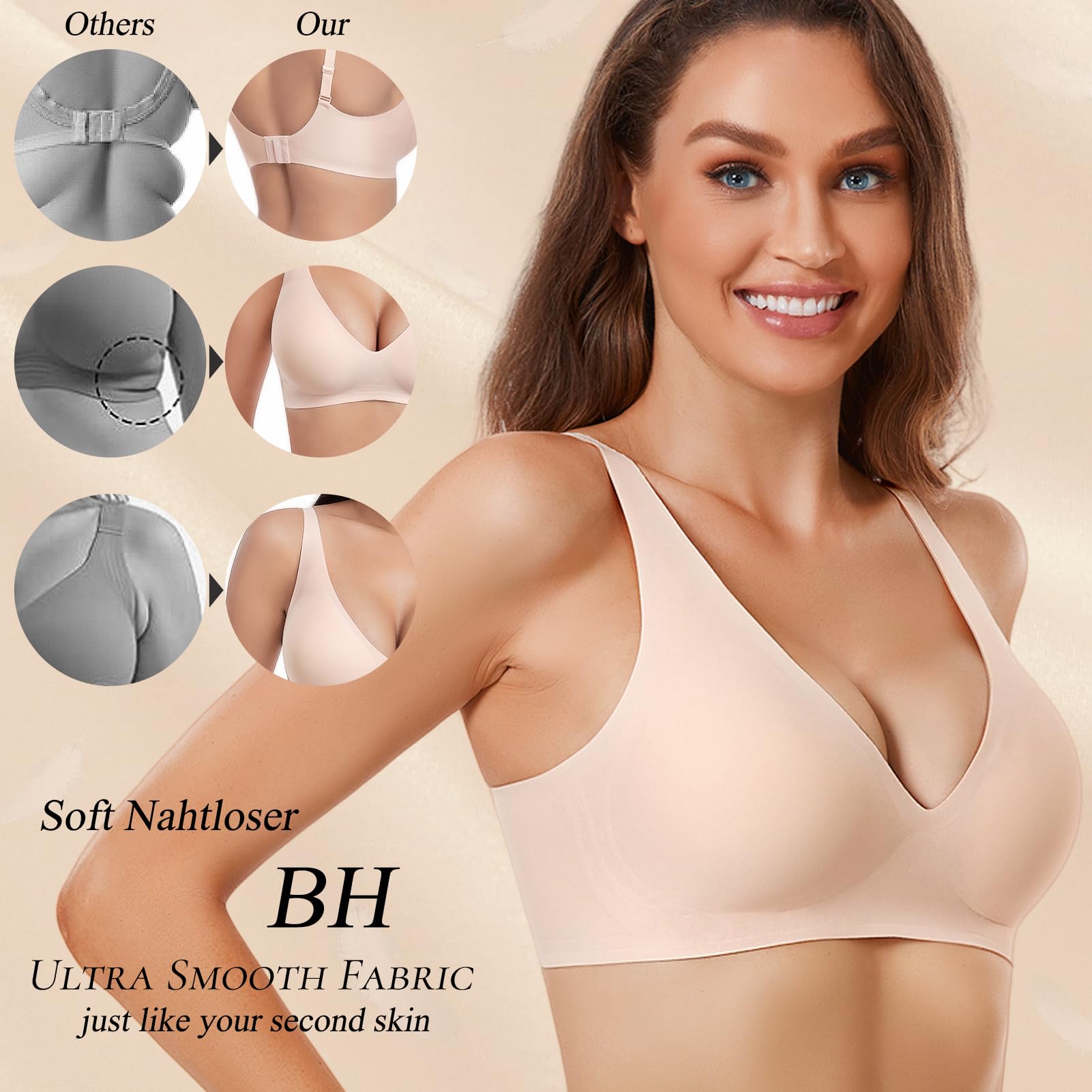 JOYTREE Glatter Damen BH mit Tiefem V-Ausschnitt Klassischer Nahtloser Bügelloser Soft Seamless T-Shirt und Schlaf BH mit Zusätzlicher Verlängerung