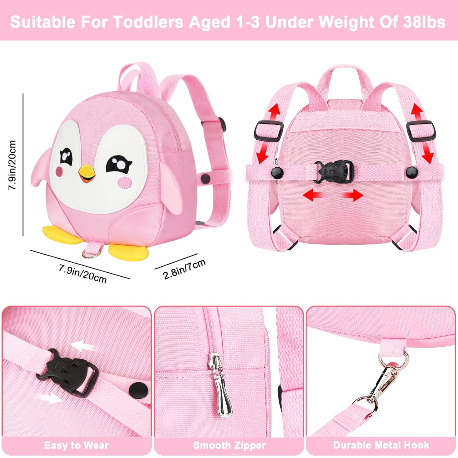Accmor Toddler Harness Backpack Leash, Cute Penguin Kid Backpacks with Anti Lost Wrist Link, Mini Child Backpack Wristband Tether Strap and Protection Leashes Travel Bag Harness Rein for Baby Girls - Image 3