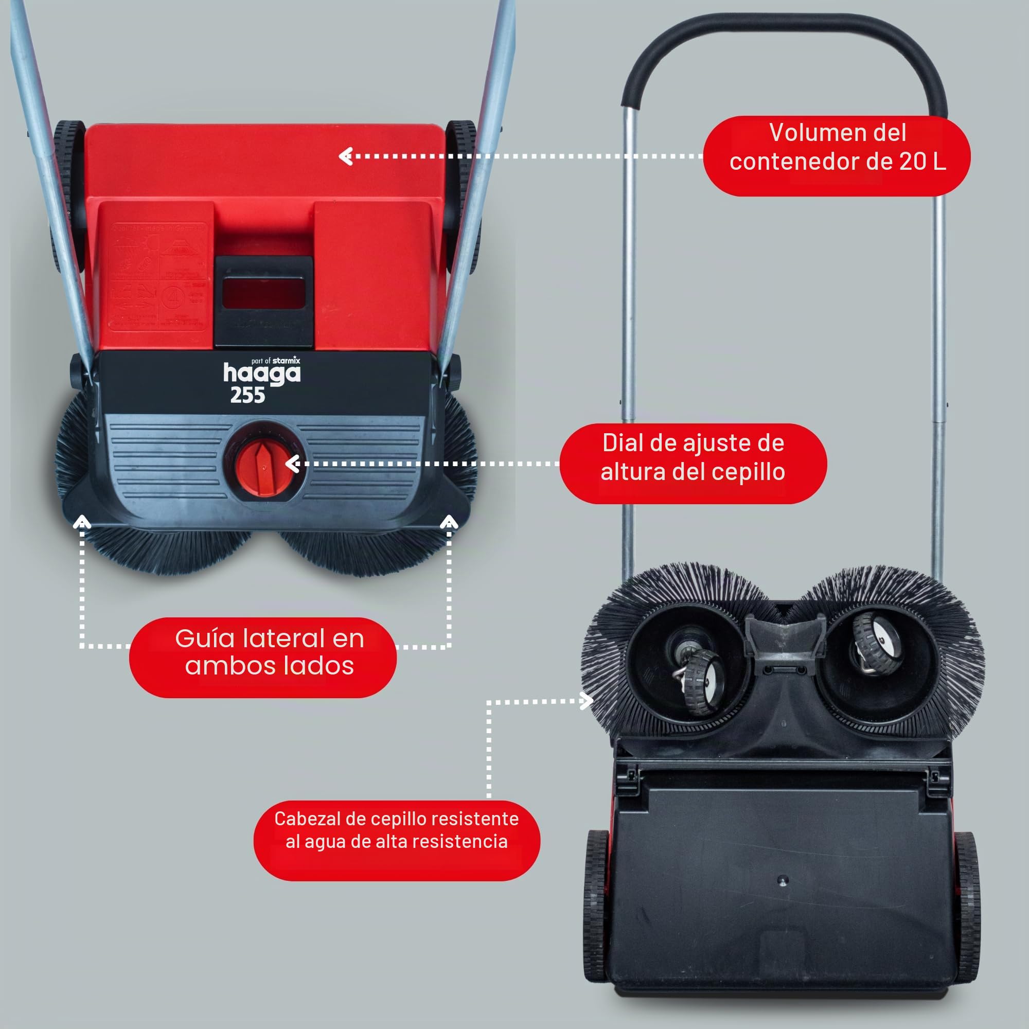 Haaga 255 - Barredora Manual con Sistema de Barrido Turbo, Capacidad de Barrido 1600 m²/h, Capacidad del depósito 20 litros