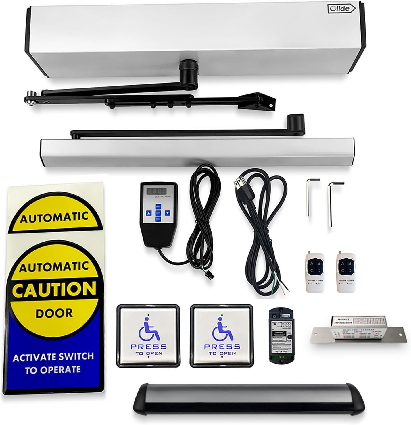 Olideauto Automatic ADA Swing Door Opener Operator 120B with 2PCS Stainless Steel Wired Handicap Push Switch+1PCS Fail Security 550LBS Electric Lock+1PCS Wired Motion Safety Sensor