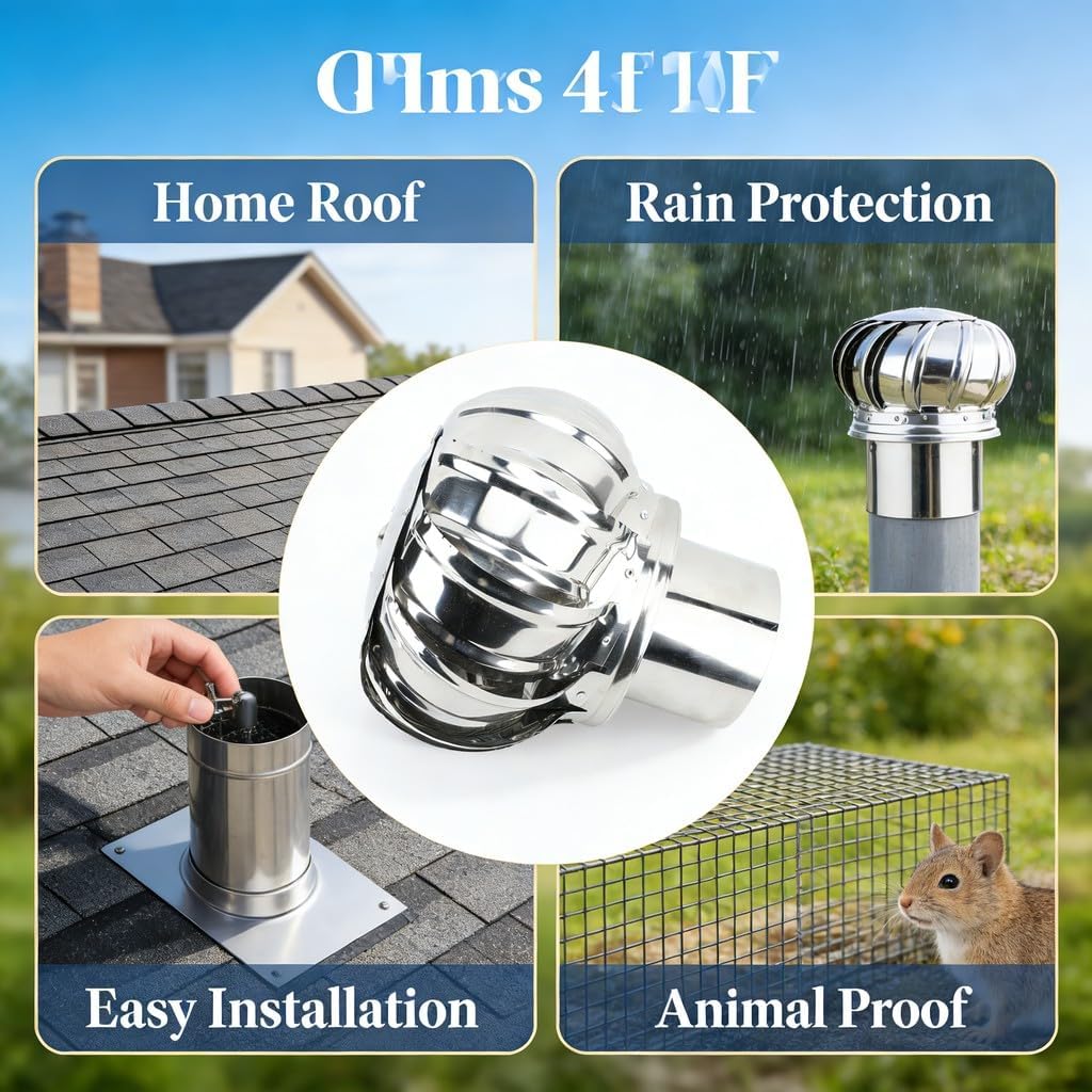 6in Stainless Steel Chimney Cap, Rotating Chimney Cowl for Roof Venting - Rainproof, Animal Proof, Easy Installation, Enhances Combustion Efficiency for Home Fireplace (15cm / 5.9in)