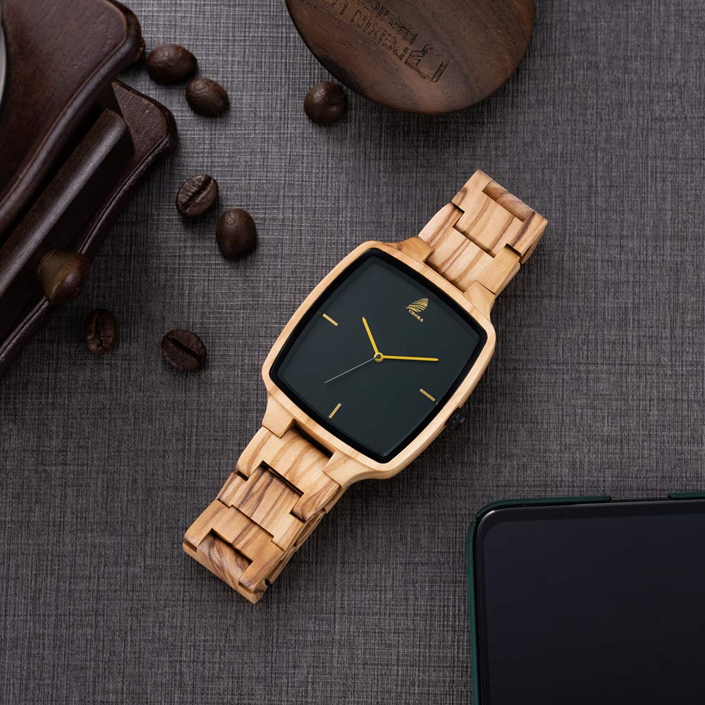 Orologio da Uomo e donne in Legno, Noce nero naturale/oliva, con Movimento al Quarzo Giapponese, con cinturino regolabile, manuale analogico da polso