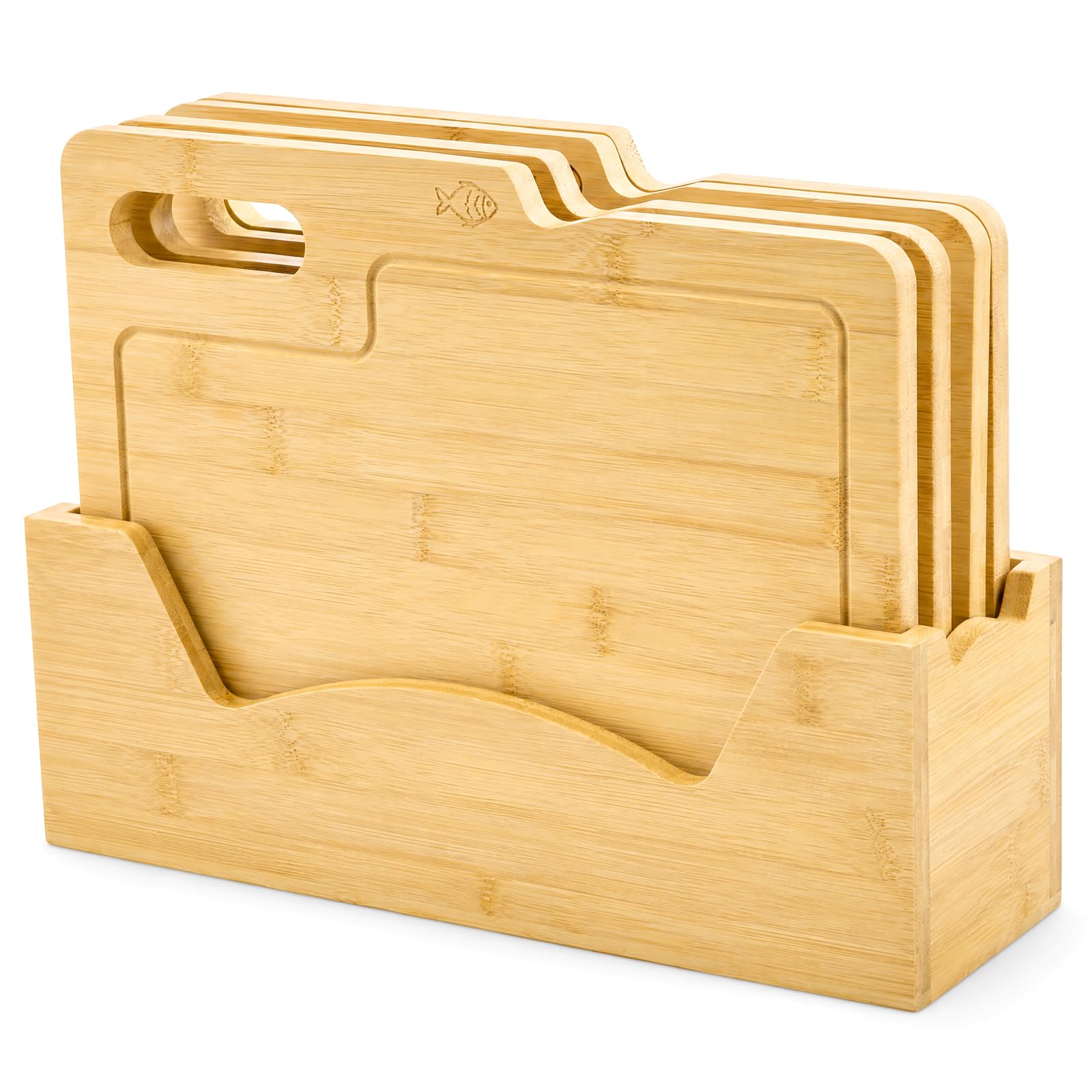 ZENFUN Set di 4 taglieri in bambù con supporto, set di taglieri in legno, set di taglieri con icone alimentari, tagliere da cucina ideale per carne, pesce, pane, verdura, frutta