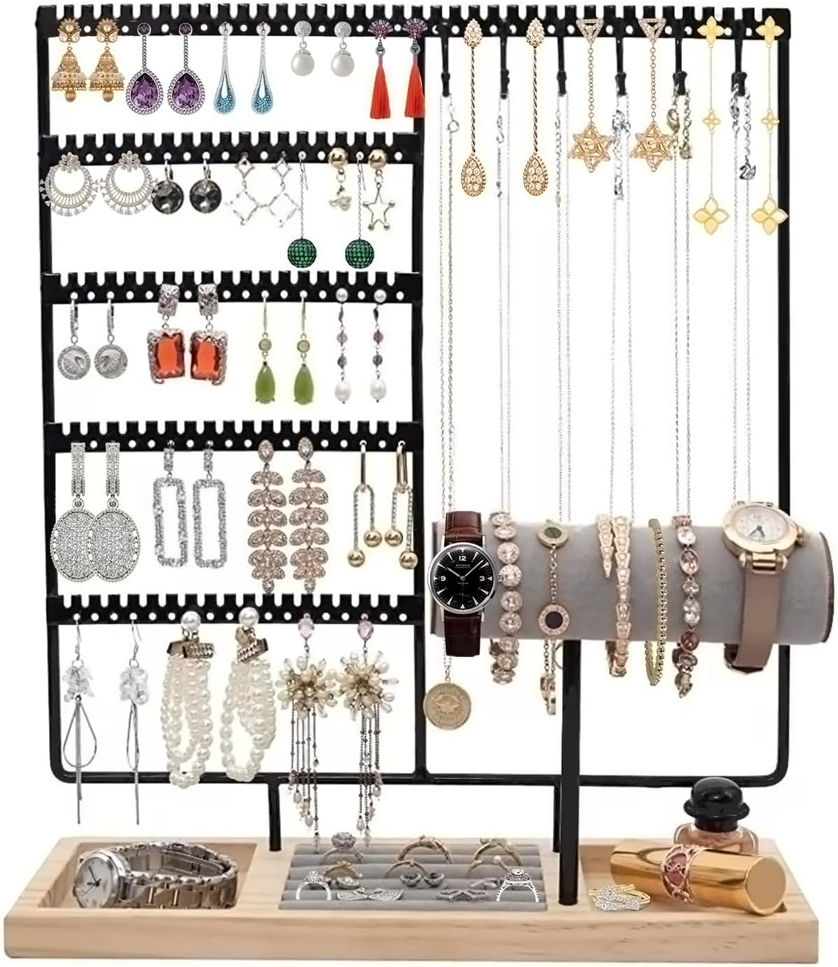 HINIHAO Earring Holder,Jewelry Organizer Stand Necklace Holder, 5-Tier Jewelry Tower Rack 108 Holes, 12 Hooks Necklaces Hanging, for Bracelets Earrings Rings Watches (Gold)